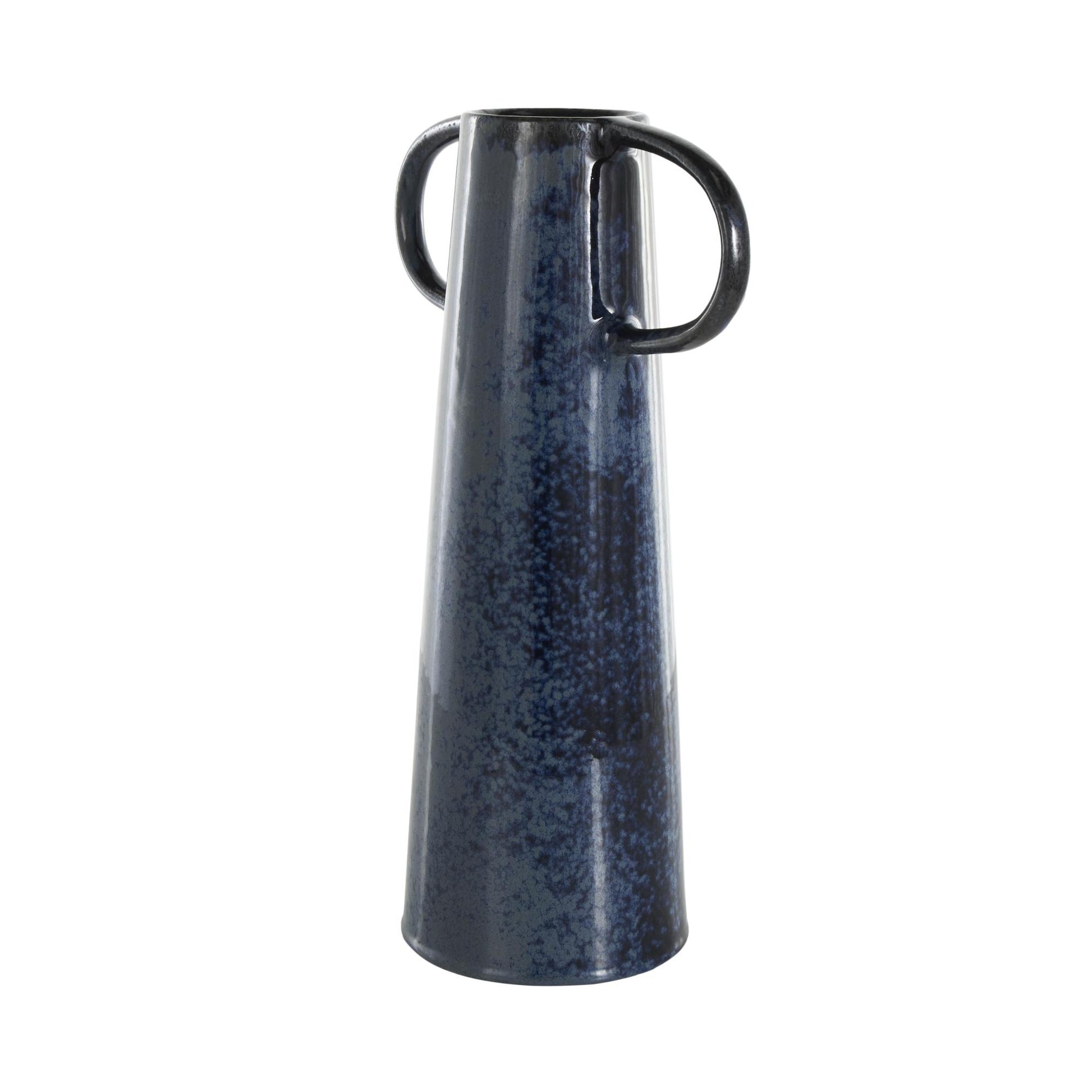 Dark Blue Ceramic Textured Cone Decorative Vase with Curved Handles