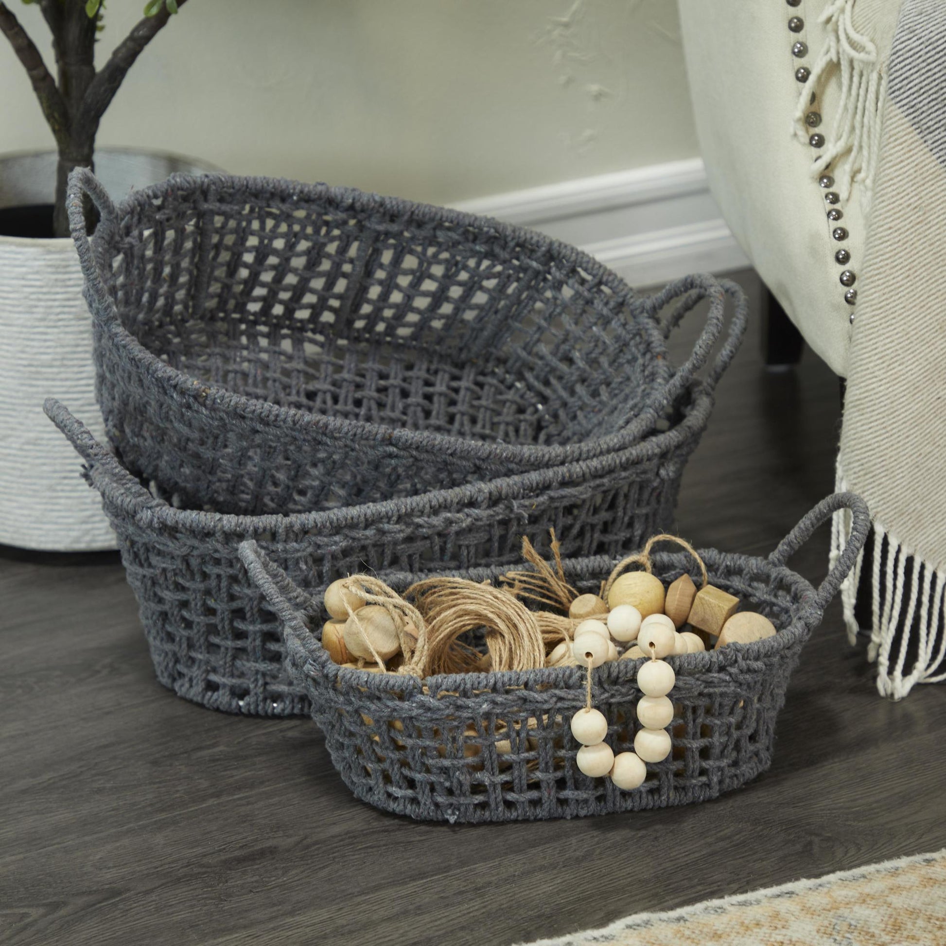 Set of 3 Cotton Fabric Handmade Decorative and Functional Storage Basket with Handles