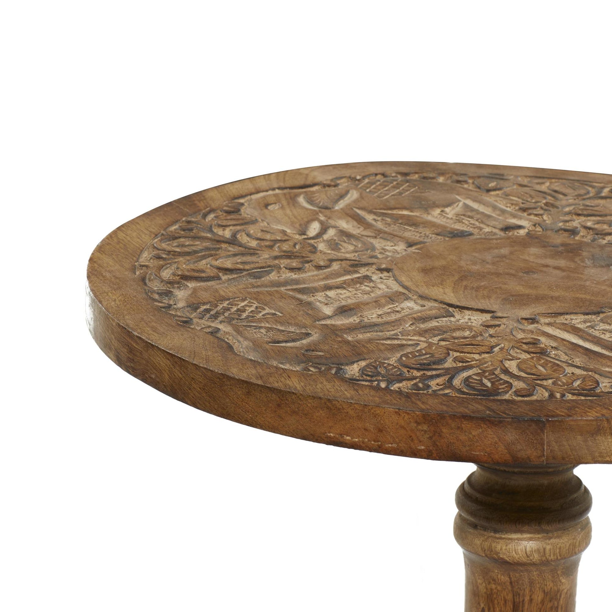 Floral Mango Wood Handmade Intricately Carved Side End Accent Table with Turned Base 17" x 17" x 21"
