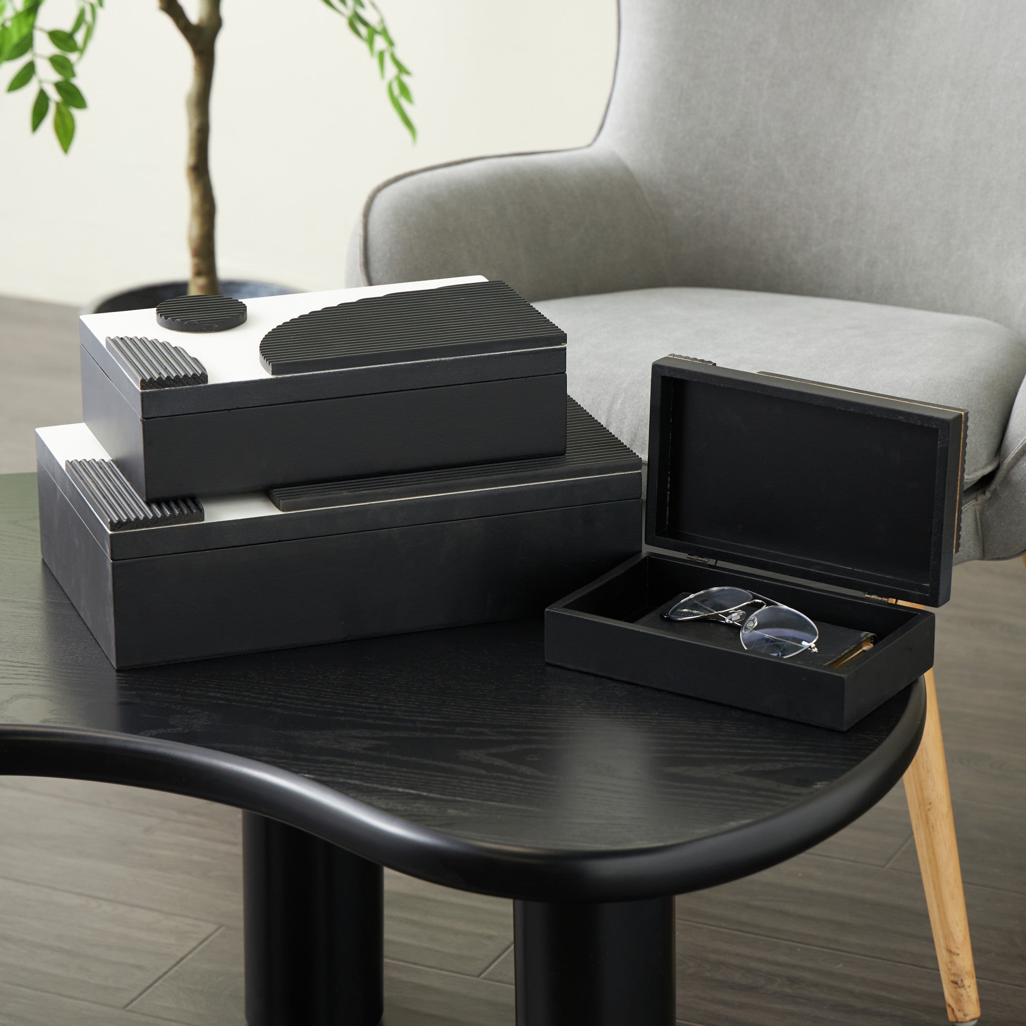 Set of 3 Black Wood Handmade Decorative Box with 3D Geometric Accents