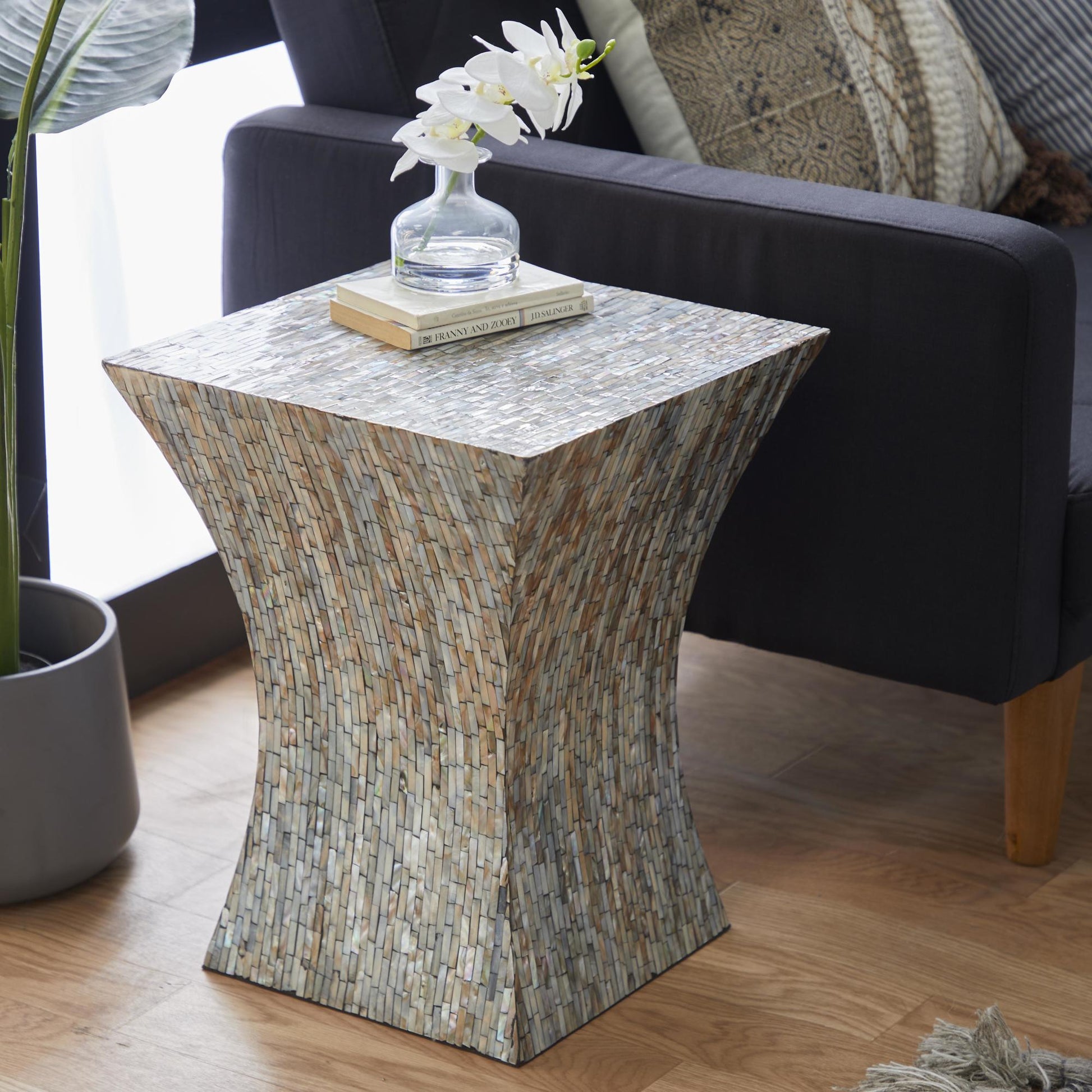 Gray Mother of Pearl Shell Handmade Hourglass Shaped Side End Accent Table