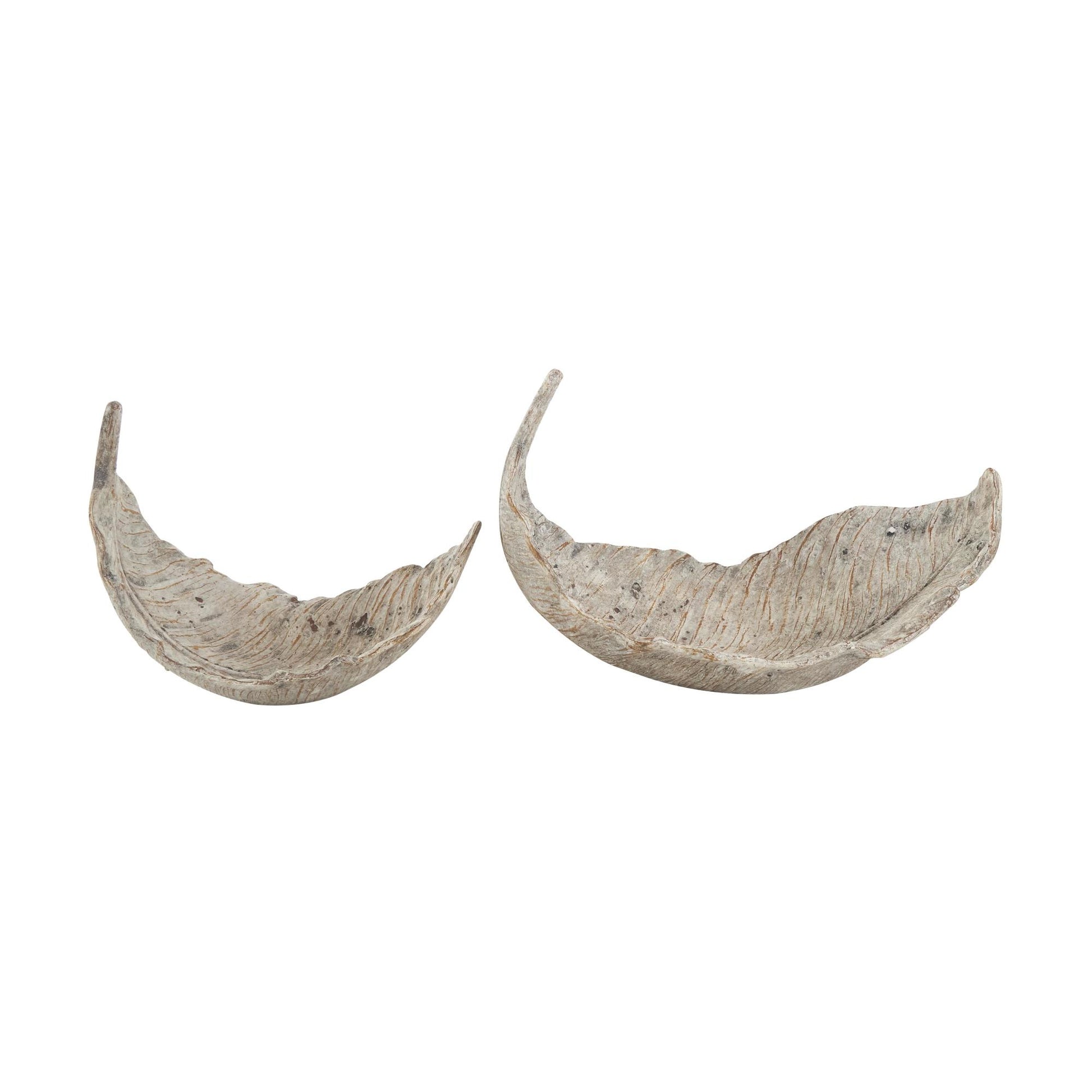 Set of 2 Leaf Champagne Resin Textured Large Decorative Bowl with Brown Details