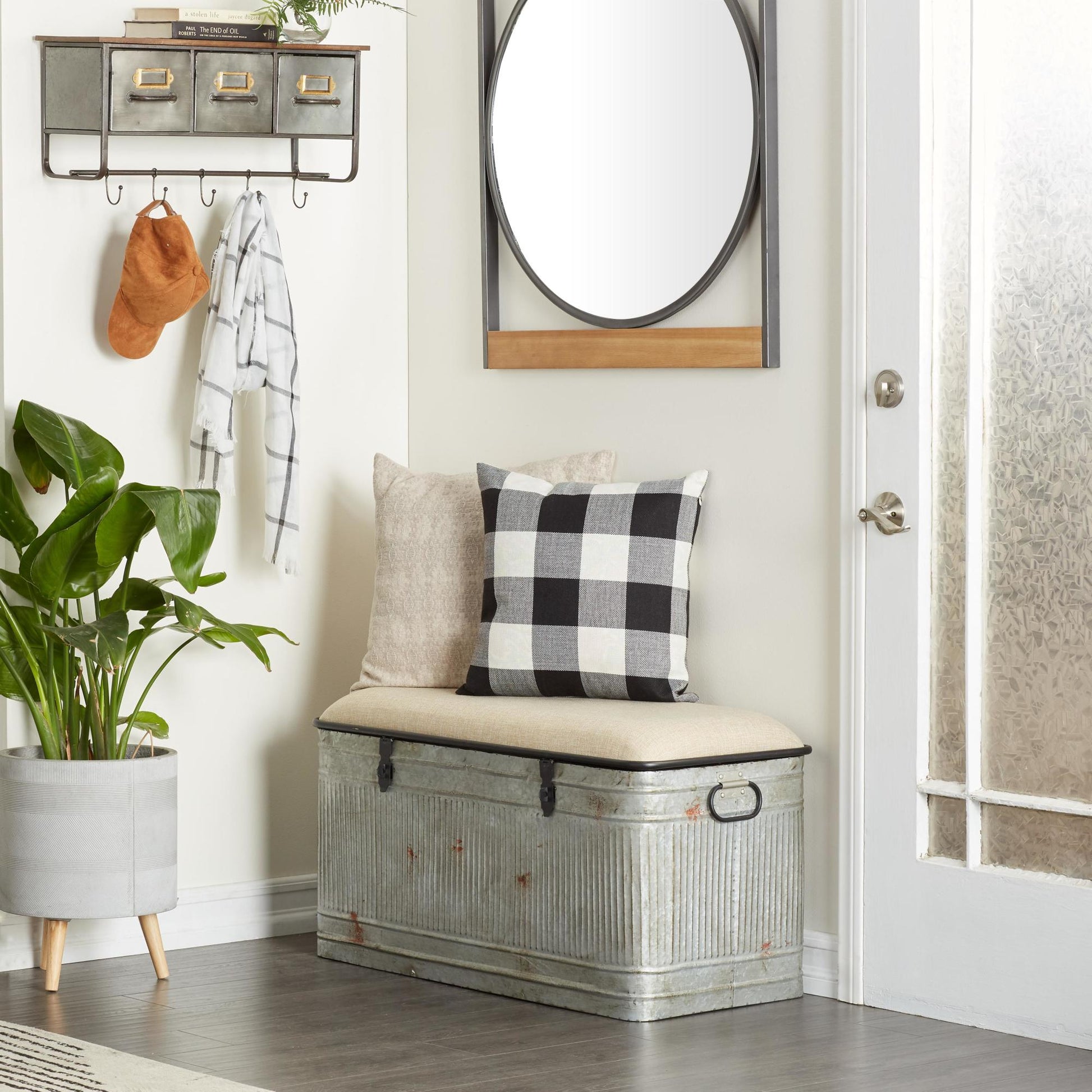 Gray Metal Galvanized Room Storage Bench with Cream Burlap Top and Black Latches