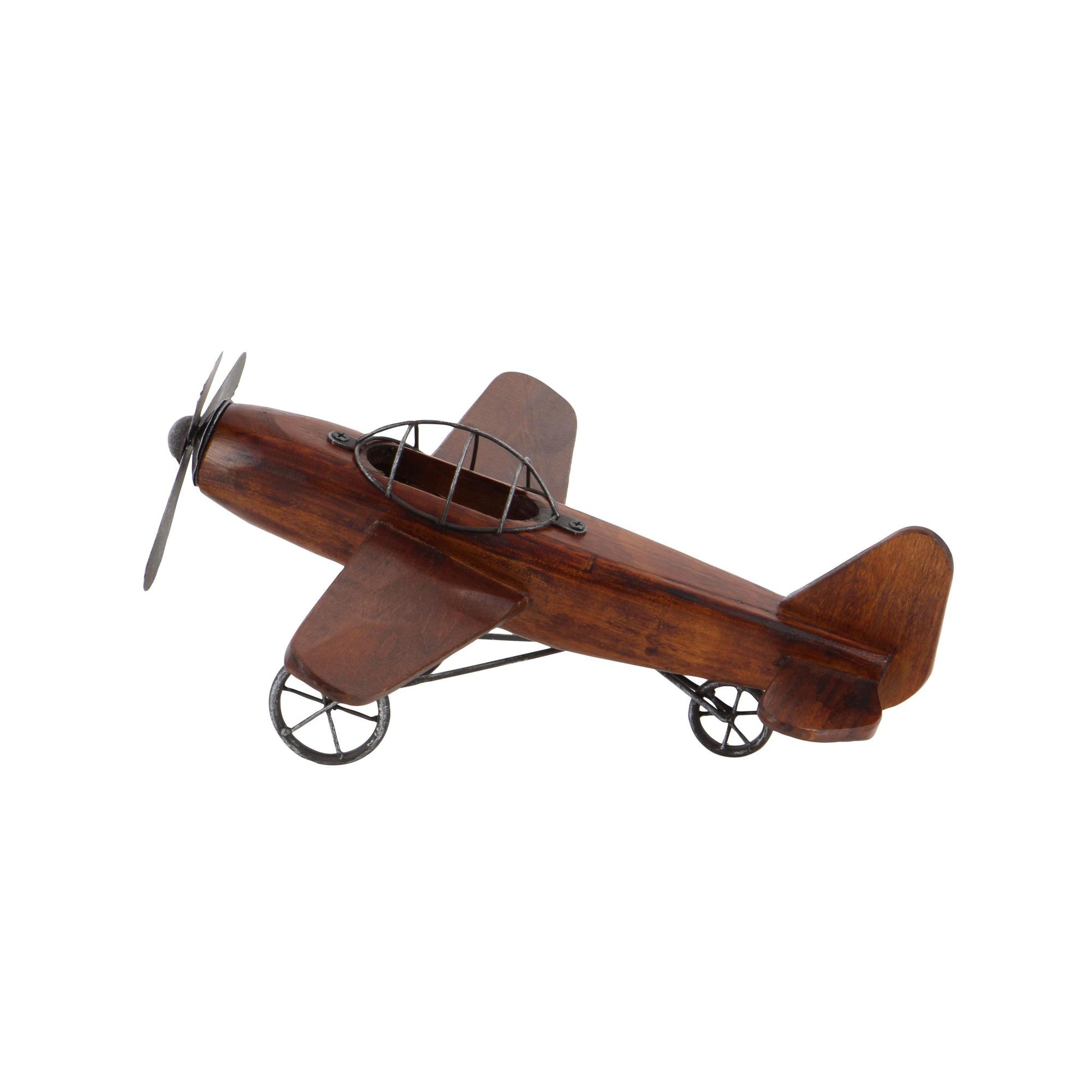 Airplane Brown Wood Decorative Sculpture with Gray Metal Accents