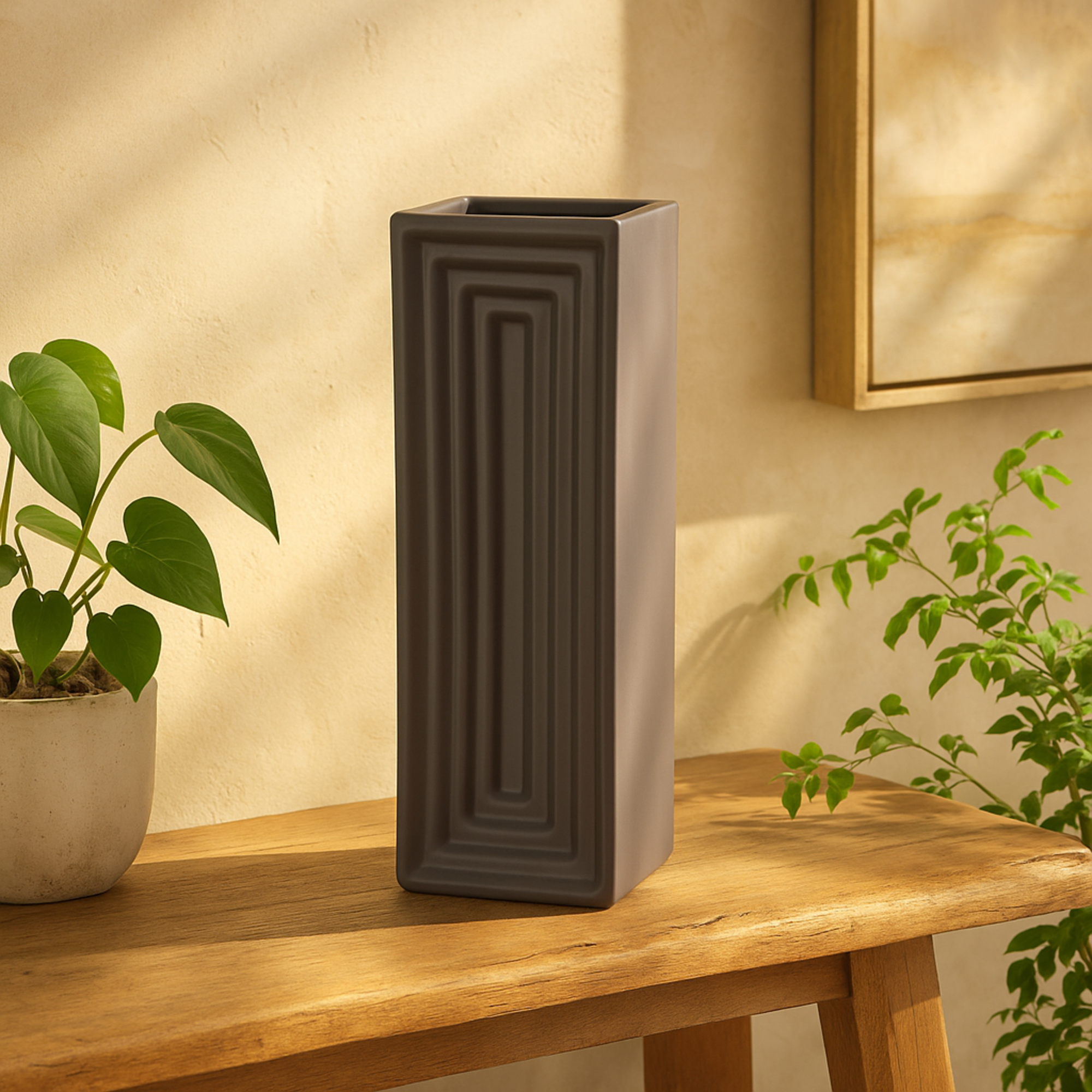 Geometric Black Ceramic Concaved Rectangular Decorative Vase
