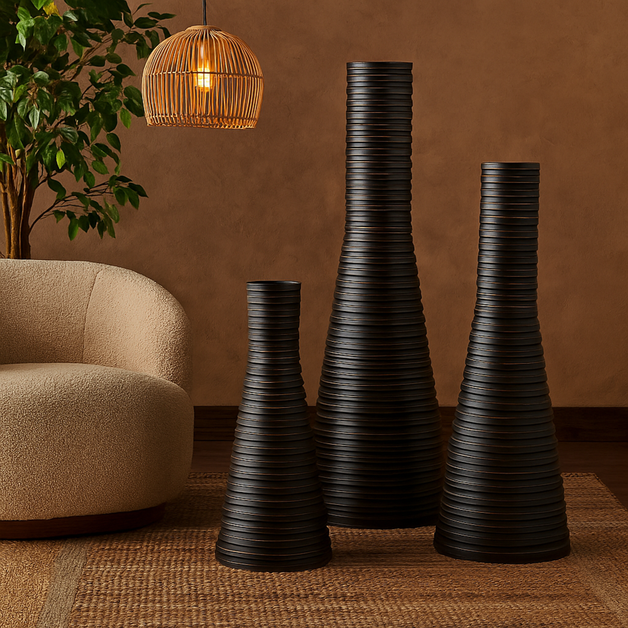 Set of 3 Bronze Metal Ribbed Tall Cone Floor Decorative Vase with Horizontal Grooves