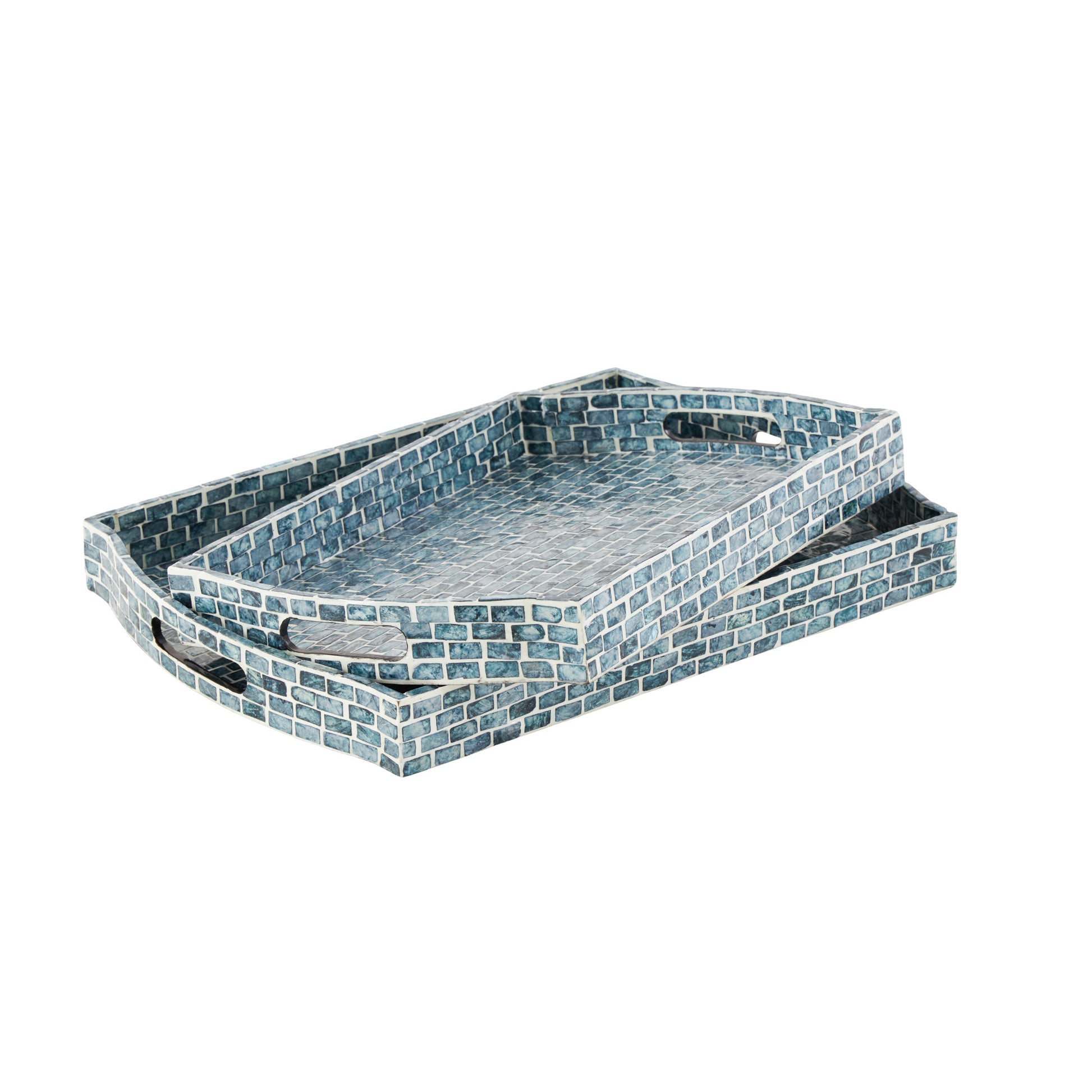 Set of 2 Blue Wood Living Room Decor Tray with Slot Handles
