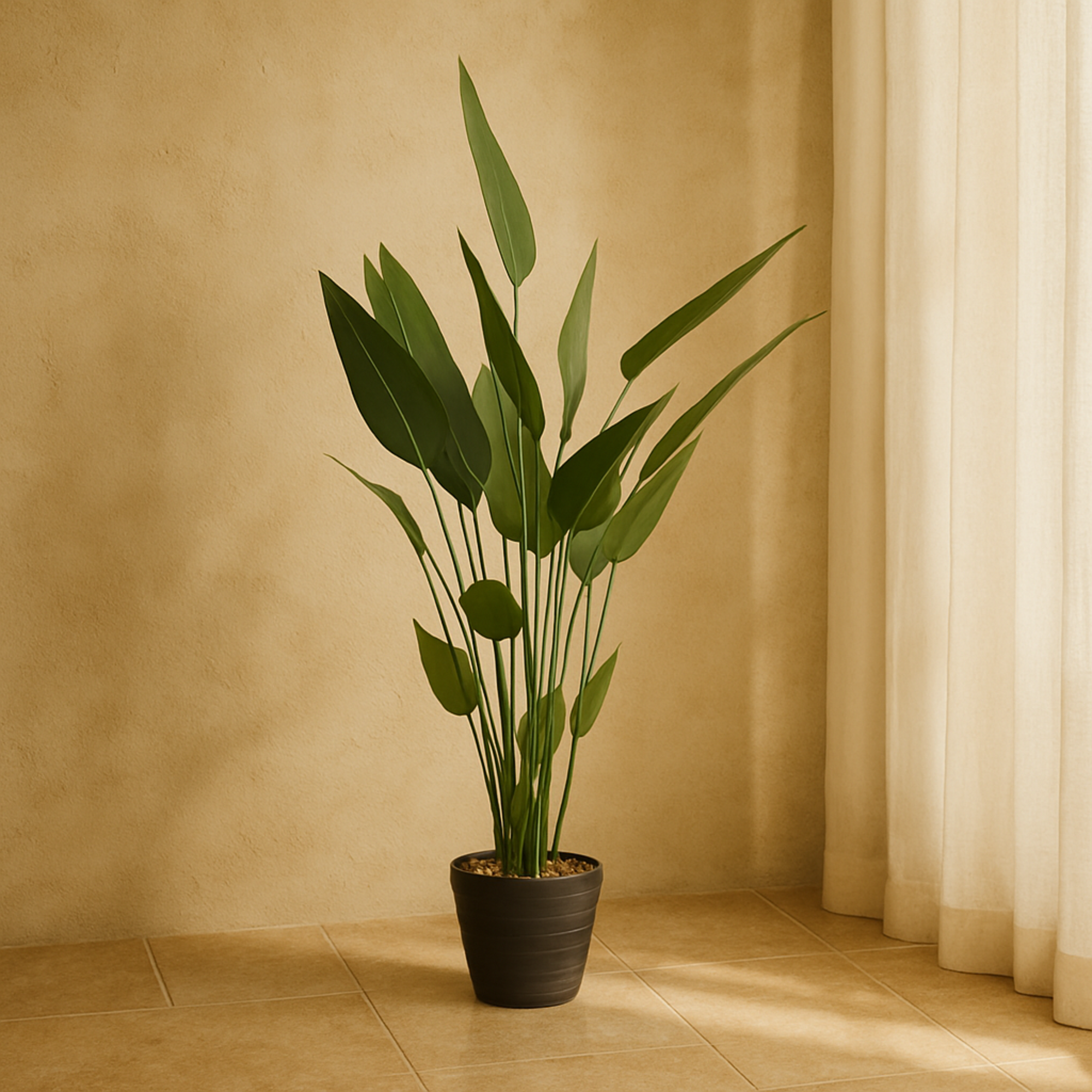 Bird of Paradise Green Faux Foliage Indoor Outdoor Artificial Plant with Realistic Leaves and Black Fluted Pot