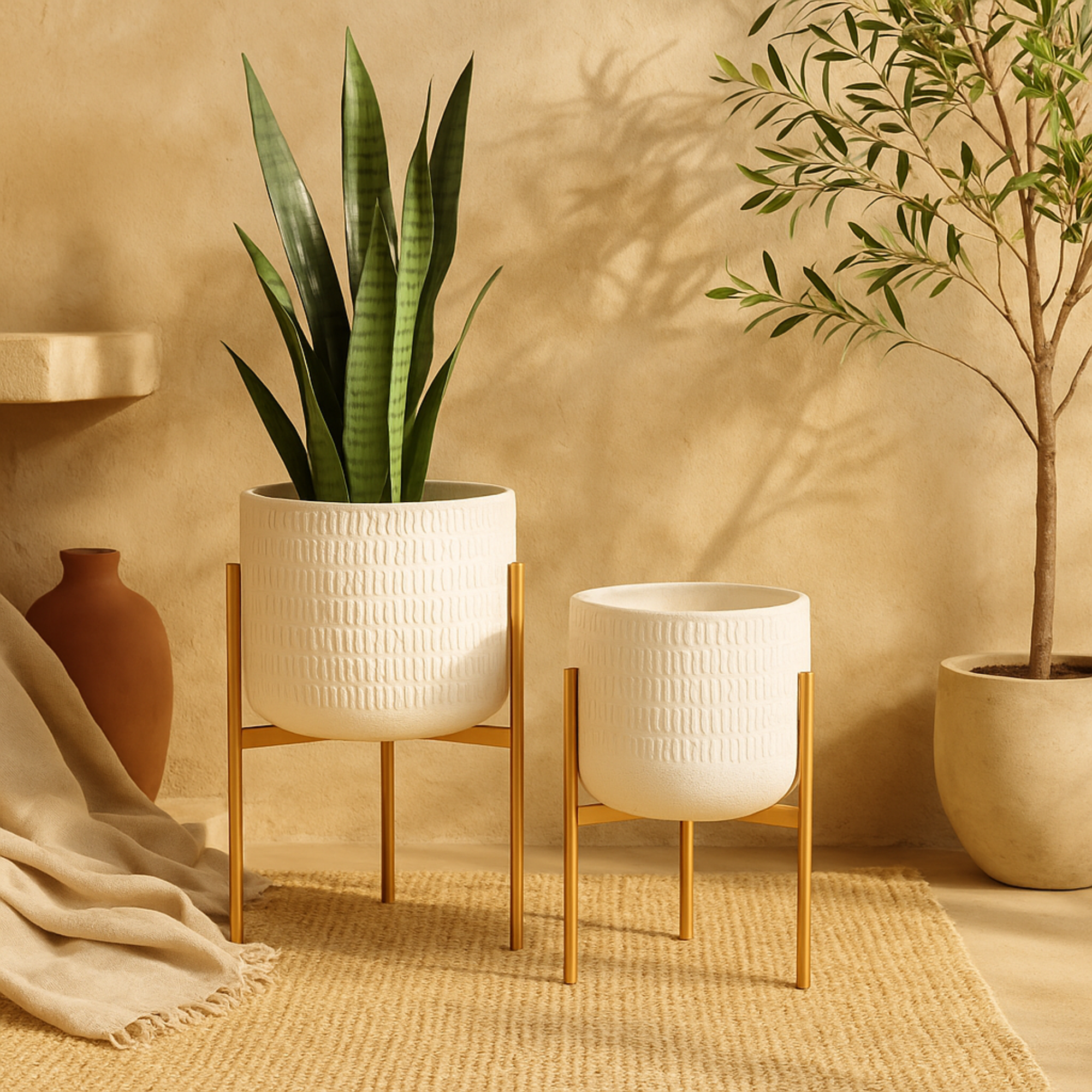 Set of 2 White Metal Dome Indoor Outdoor Planter with Gold Stand