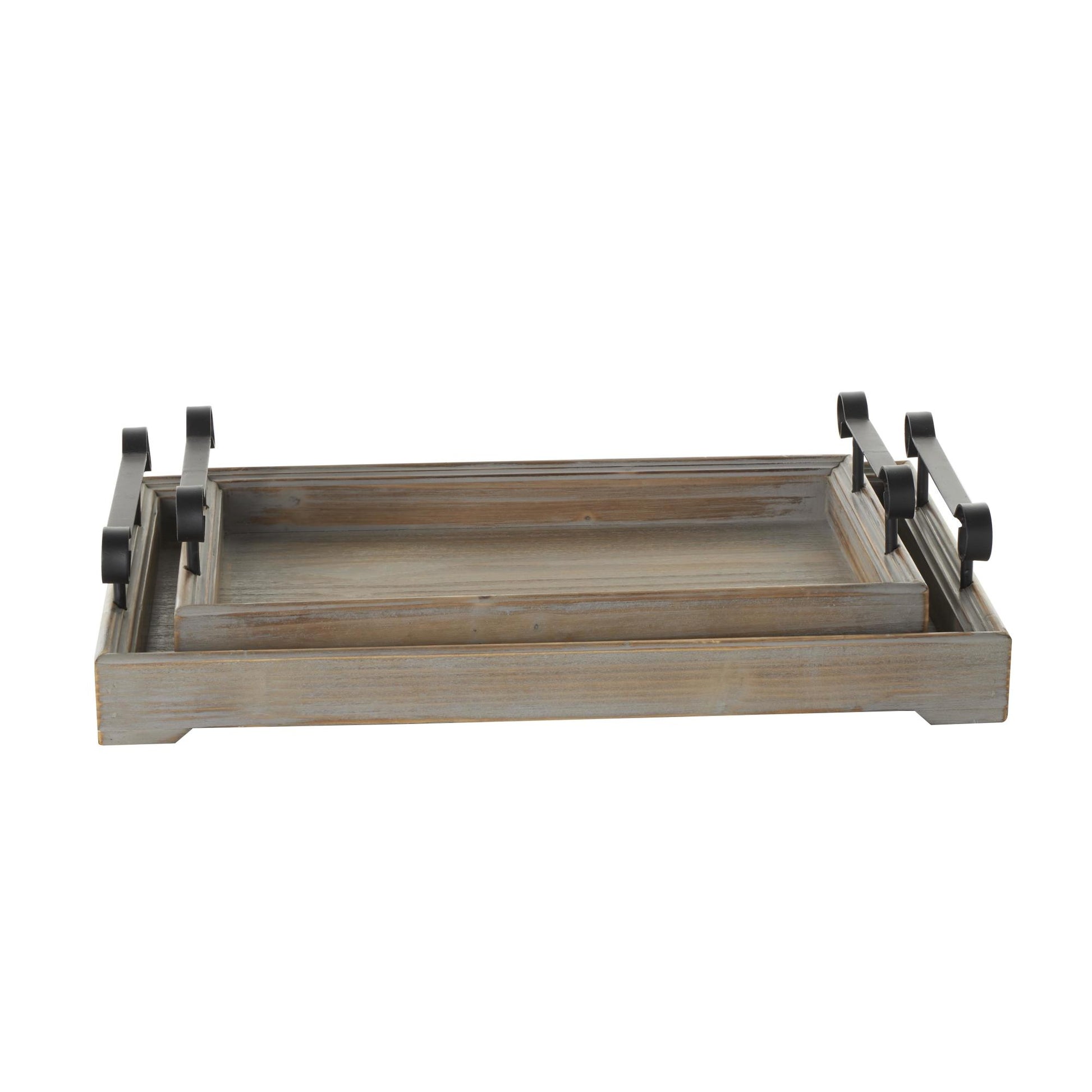 Set of 2 Wood Living Room Decor Tray with Metal Handles