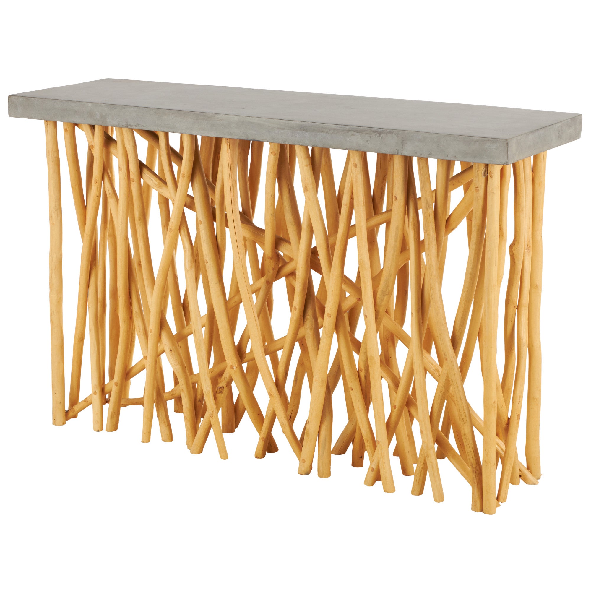 Brown Teak Wood Handmade Tree Branch Living Room Console Table with Gray Tabletop