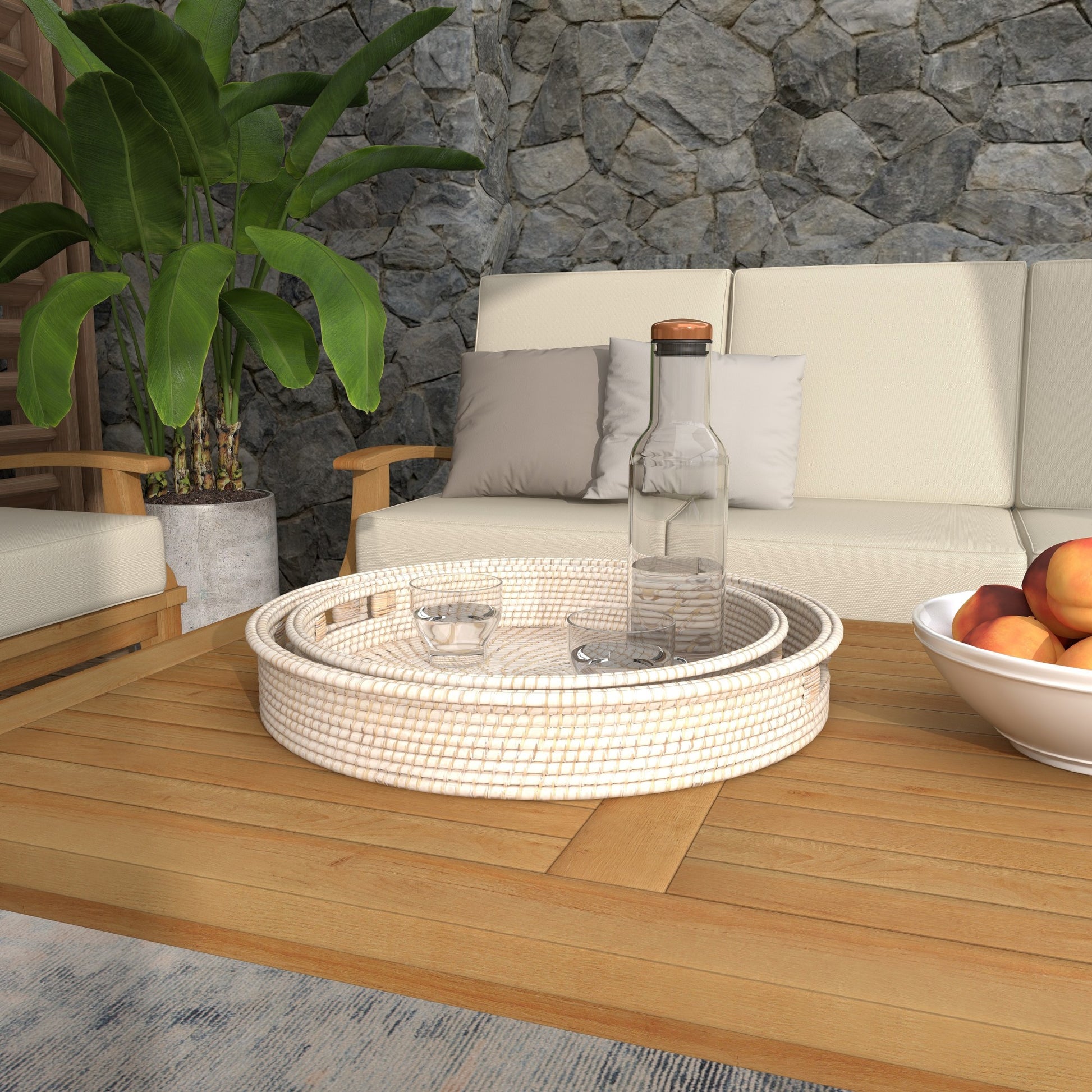 Set of 2 Cream Rattan Living Room Decor Tray with Slot Handles