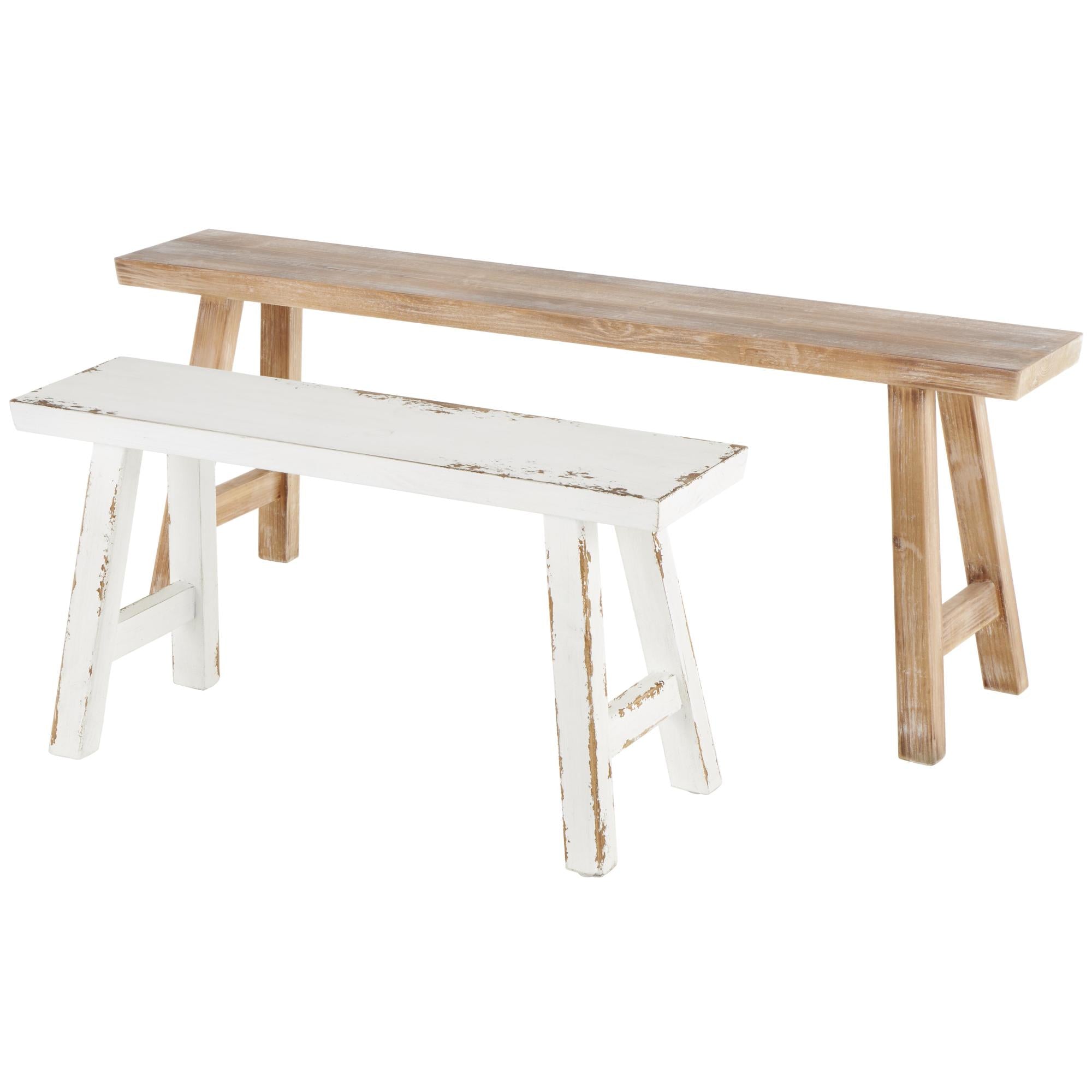 Set of 2 Brown Wood Slim Distressed Home Bench with Smaller White Bench