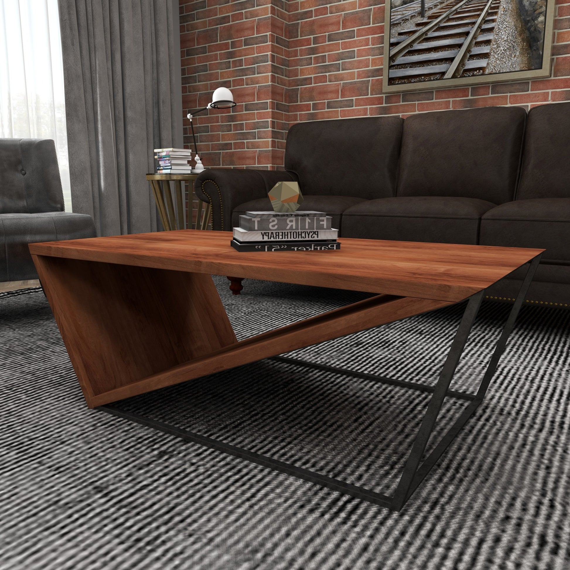 Geometric Brown Wood Diagonal Open Frame Living Room Coffee Table with Gray Metal Base