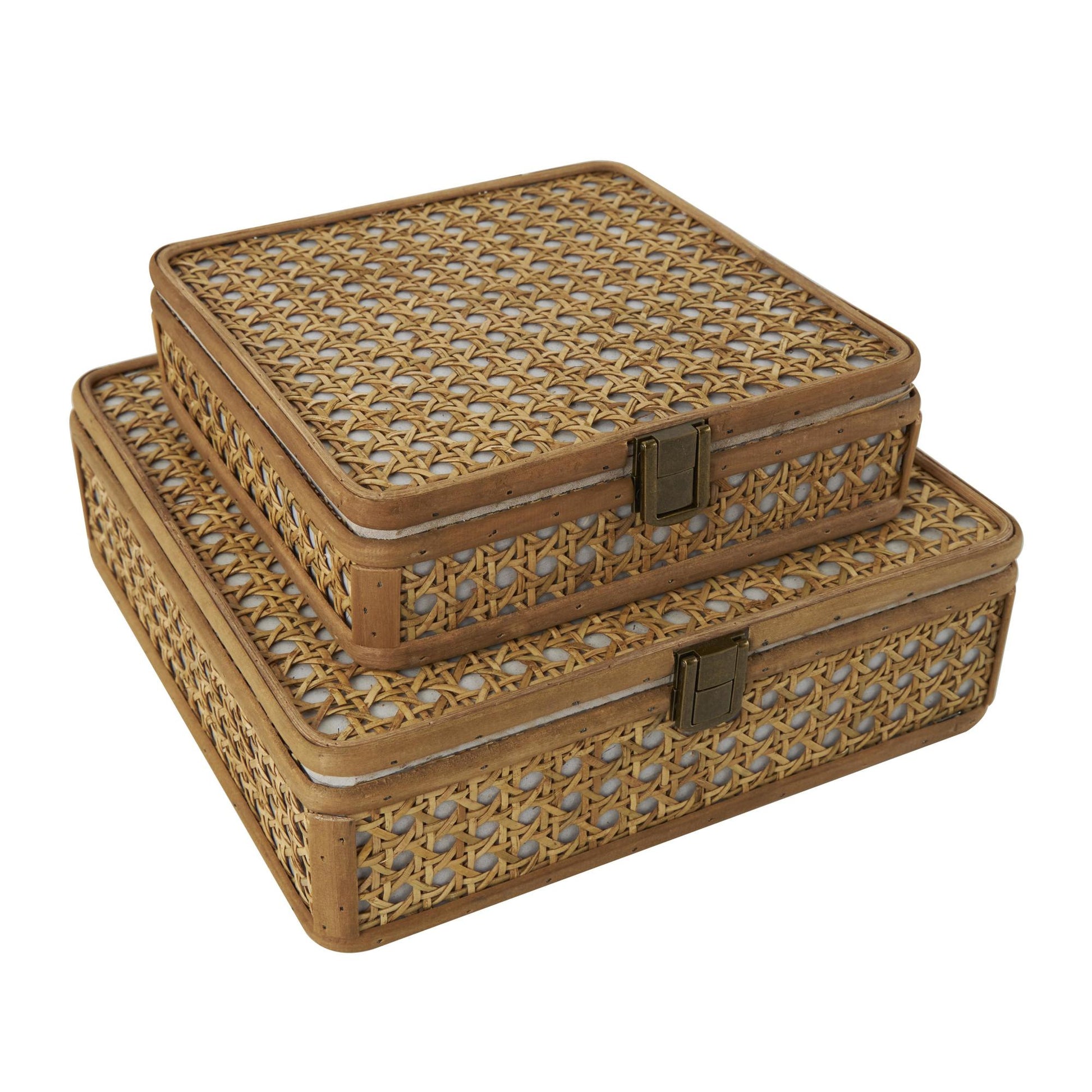 Set of 2 Brown Rattan Handmade Woven Rattan Decorative Box with Bronze Latches