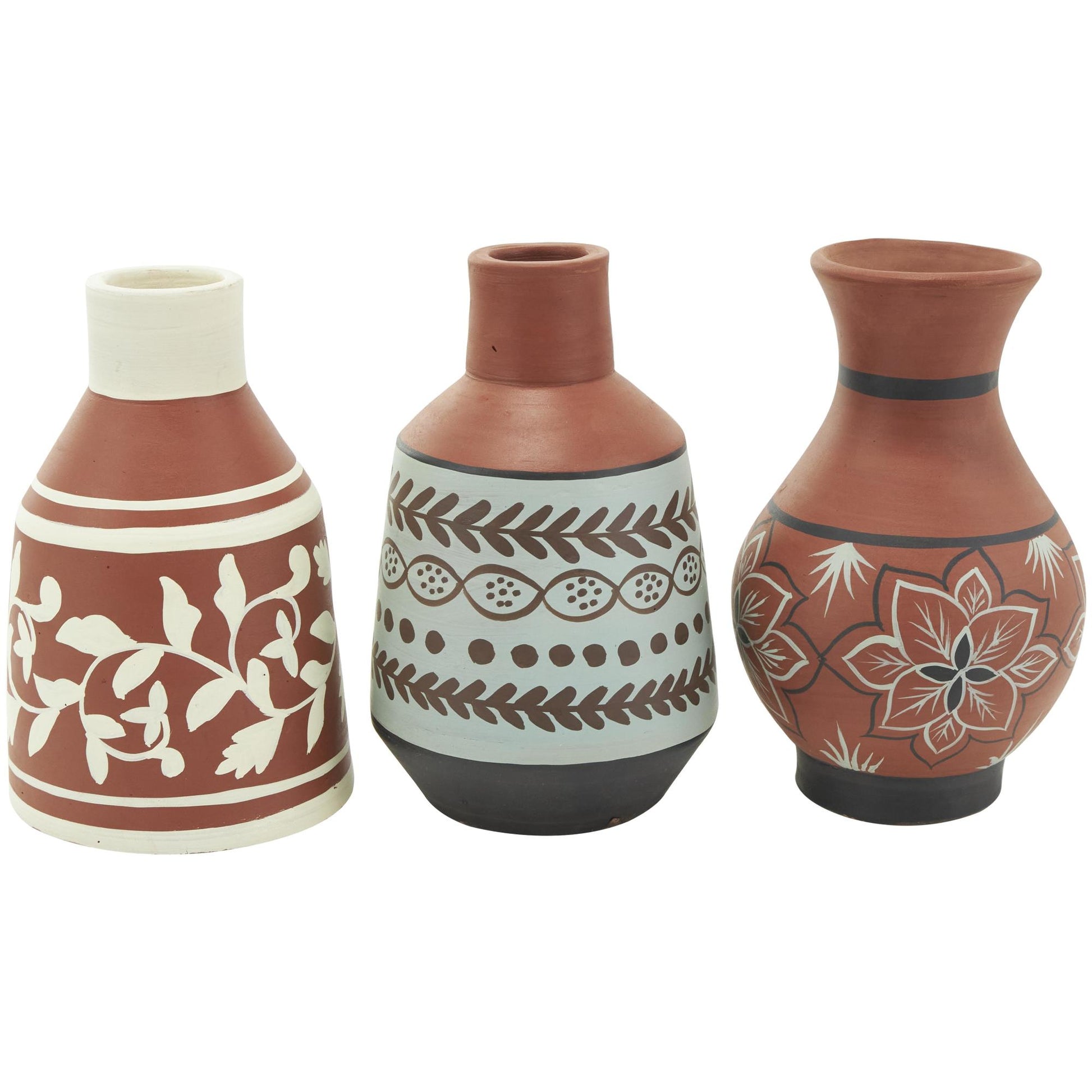 Set of 3 Floral Orange Ceramic Decorative Vase with 3 Different Patterns and Shapes