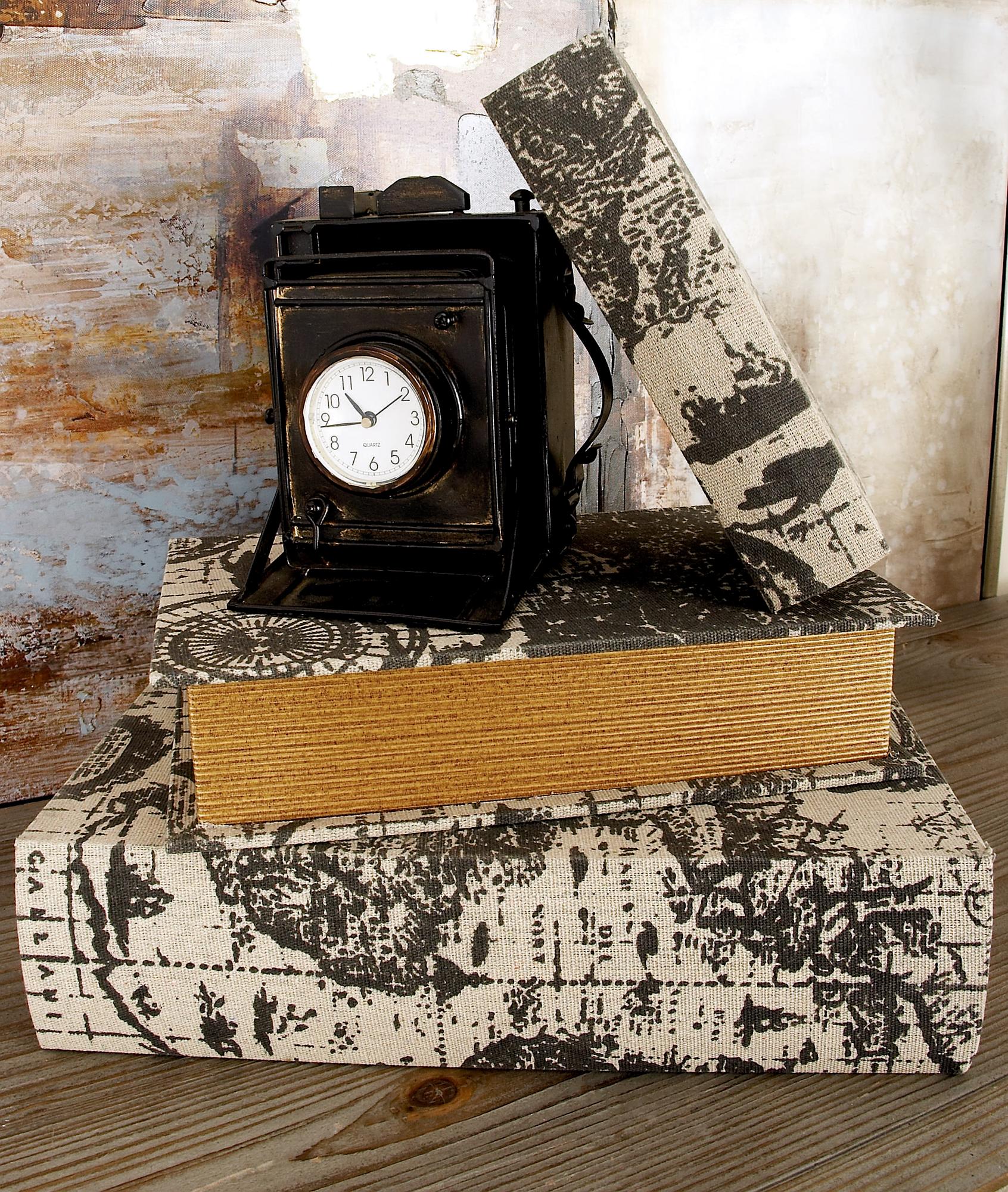 Set of 3 World Map Beige Linen Fabric Faux Book Storage Decorative Box with Black Continents