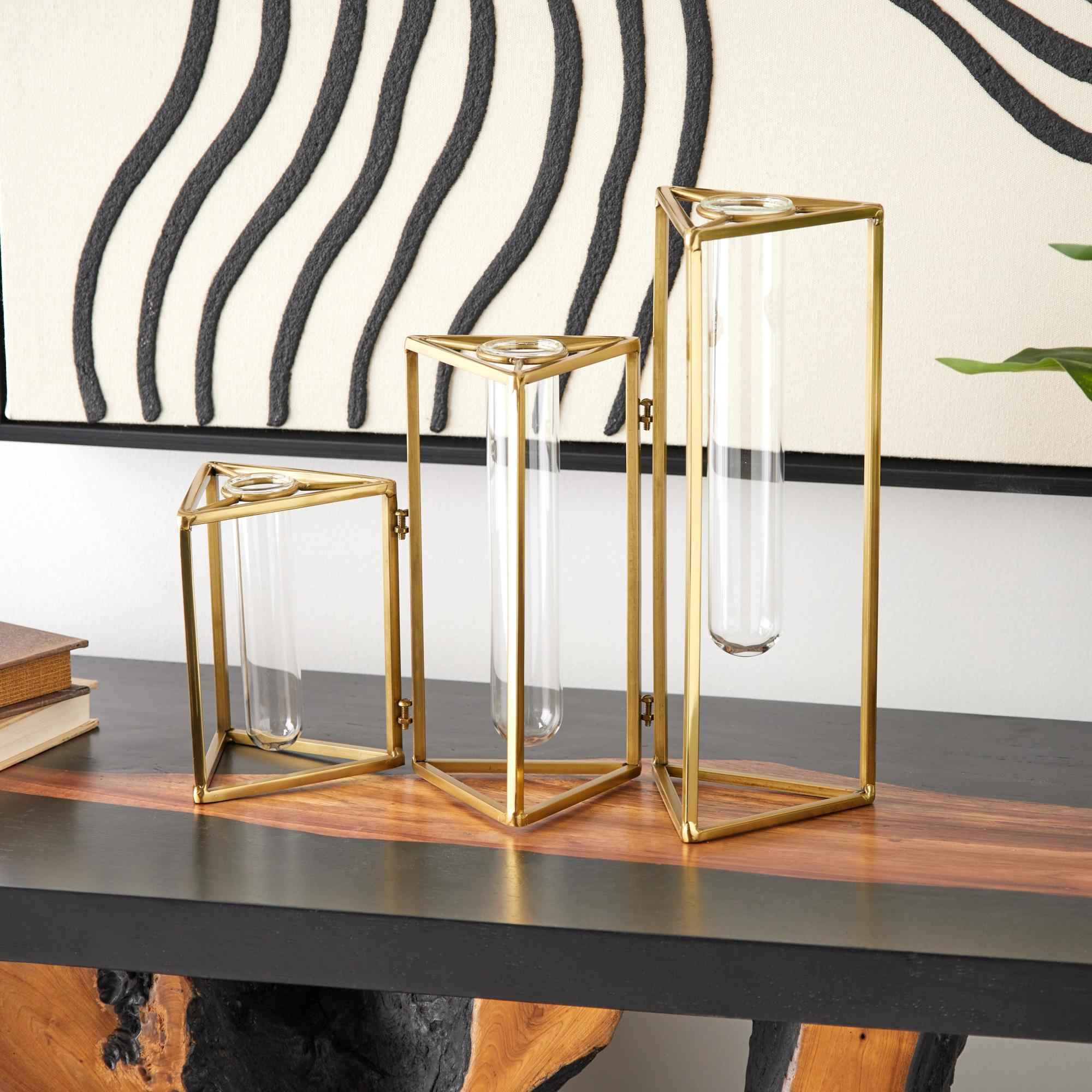 Geometric Gold Stainless Steel Metal Foldable Test Tube Bud Decorative Vase with Triangular Frames