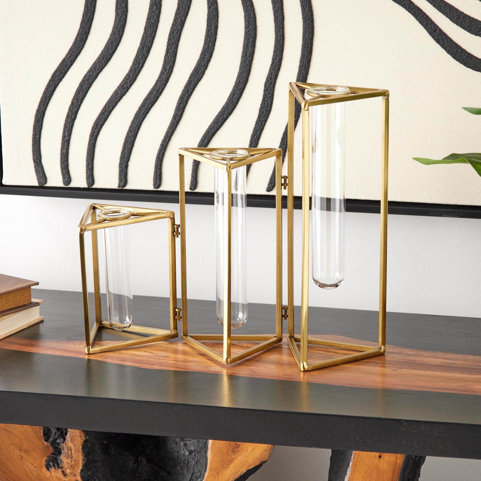 Geometric Gold Stainless Steel Metal Foldable Test Tube Bud Decorative Vase with Triangular Frames