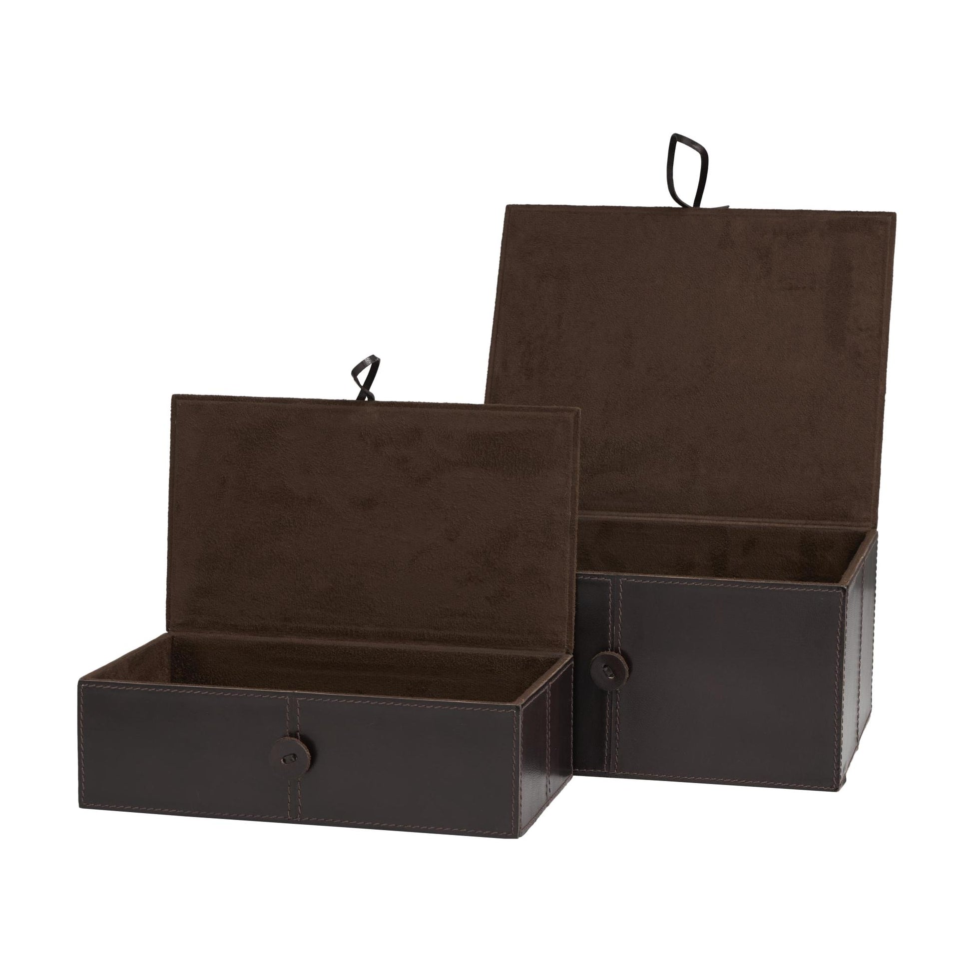 Set of 2 Leather Handmade Cowhide Storage Decorative Box with Leather Loop Closure and Stitching Detail