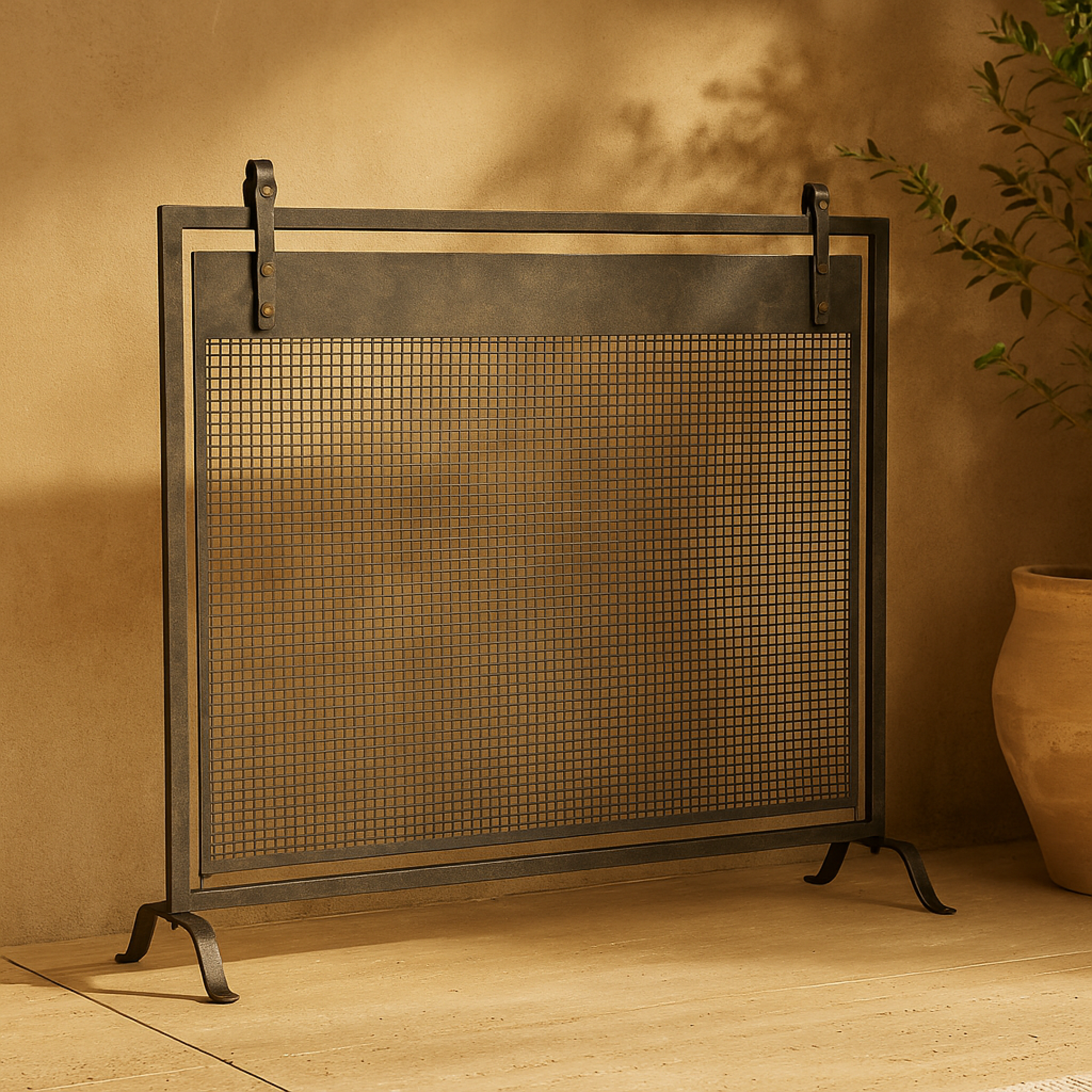 Metal Suspended Grid Style Netting Single Panel Living Room Fireplace Screen with Bolted Detailing 38" x 9" x 36"