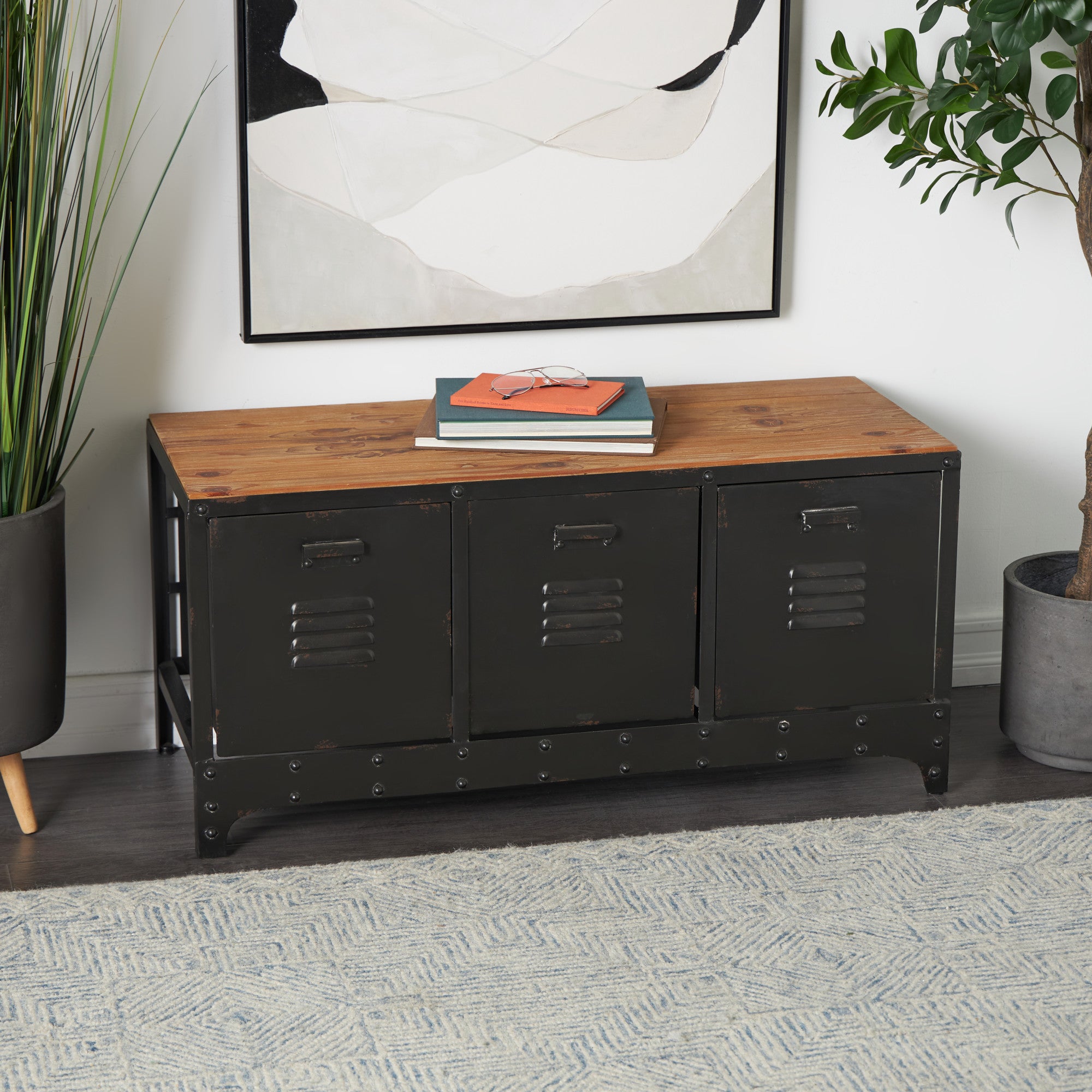 Black Metal Low Profile 3 Drawer Room Storage Bench with Brown Wood Top