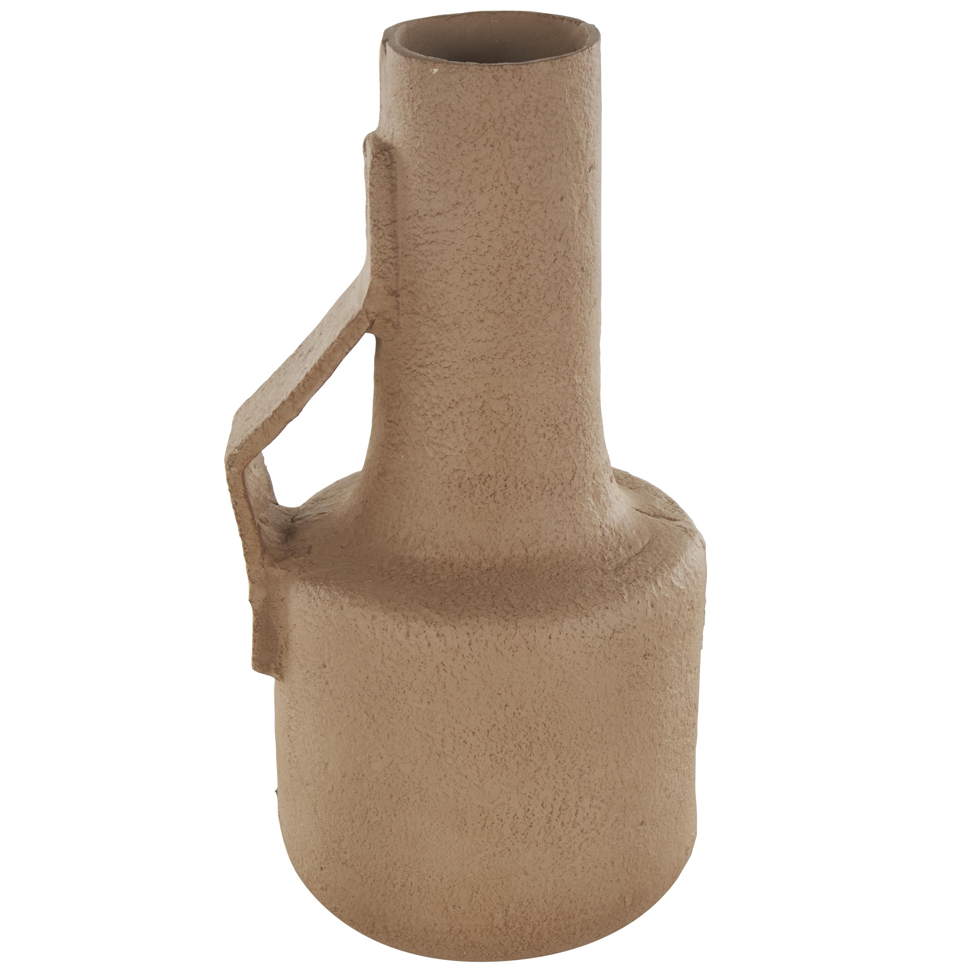 Abstract Brown Paper Mache Distressed Textured Decorative Vase with Triangular Handle
