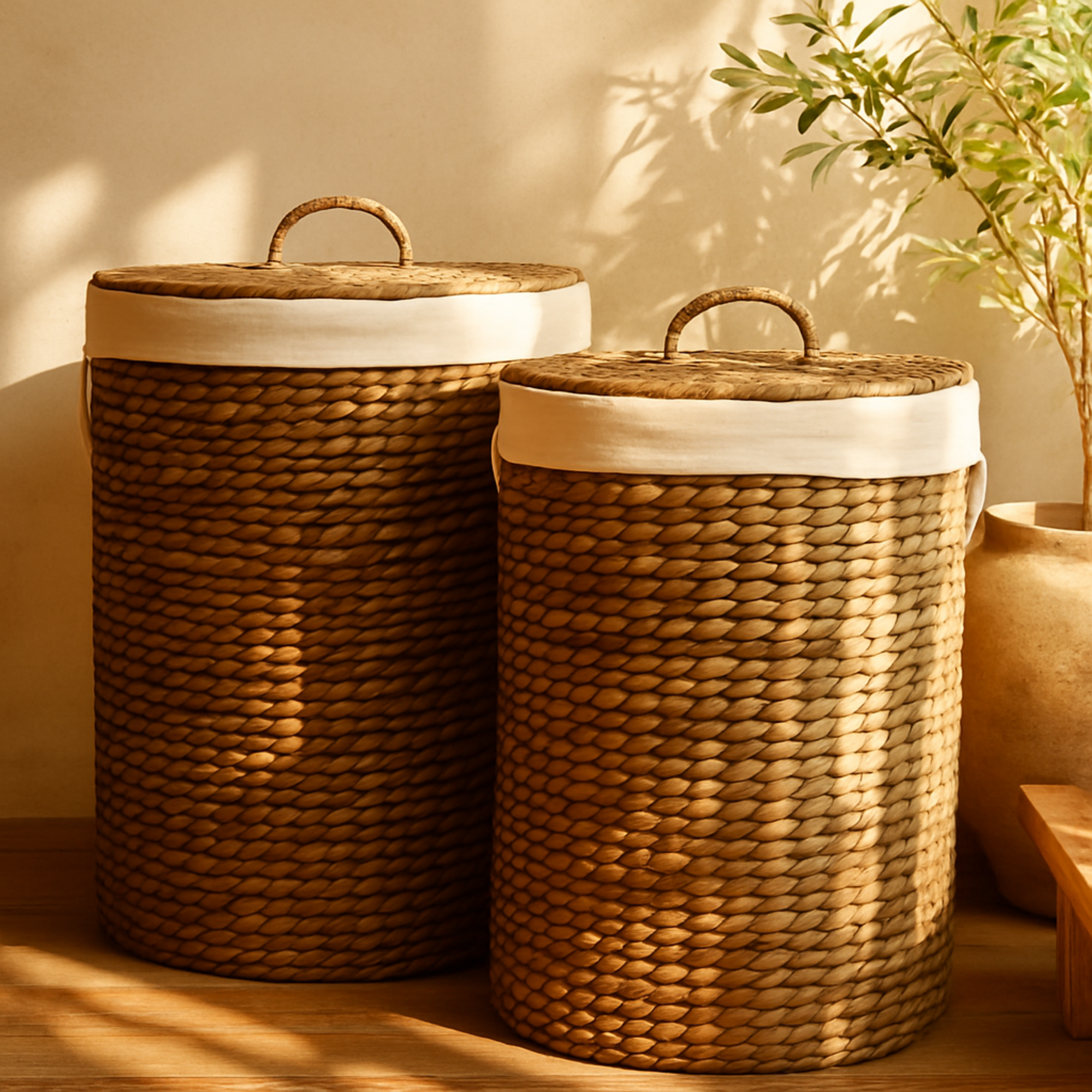 CosmoLiving by Cosmopolitan Set of 2 Dark Brown Seagrass Handmade Decorative and Functional Storage Basket with Liner and Matching Tops