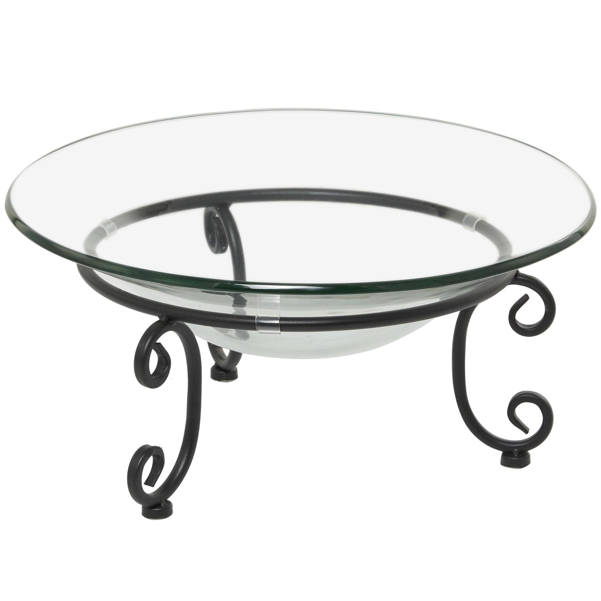 Kitchen Clear Tempered Glass Decorative Serving Bowl with Black Metal Scroll Stand