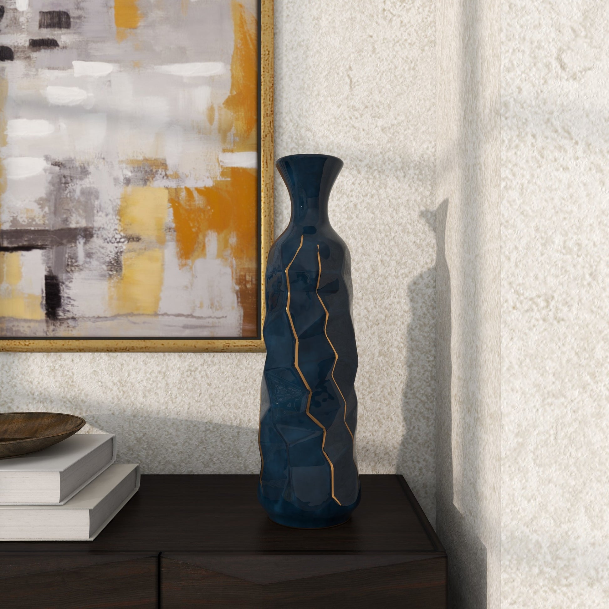 Teal Ceramic Geometric Floor Decorative Vase with Gold Accents