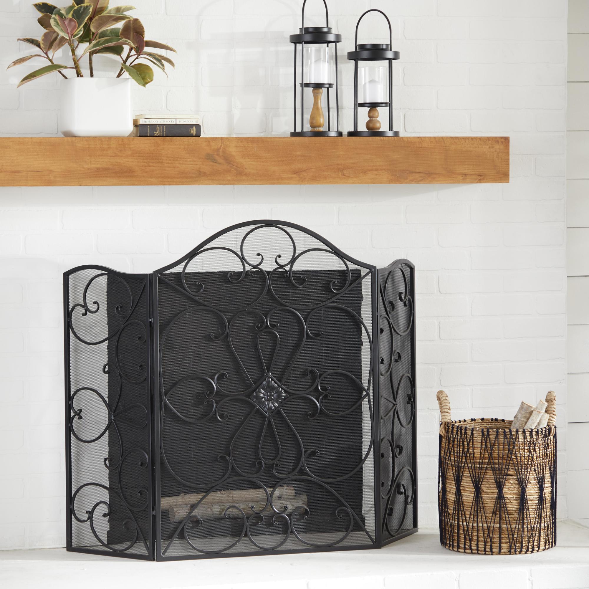 Scroll Black Metal Foldable 3 Panel Living Room Fireplace Screen with Mesh Netting