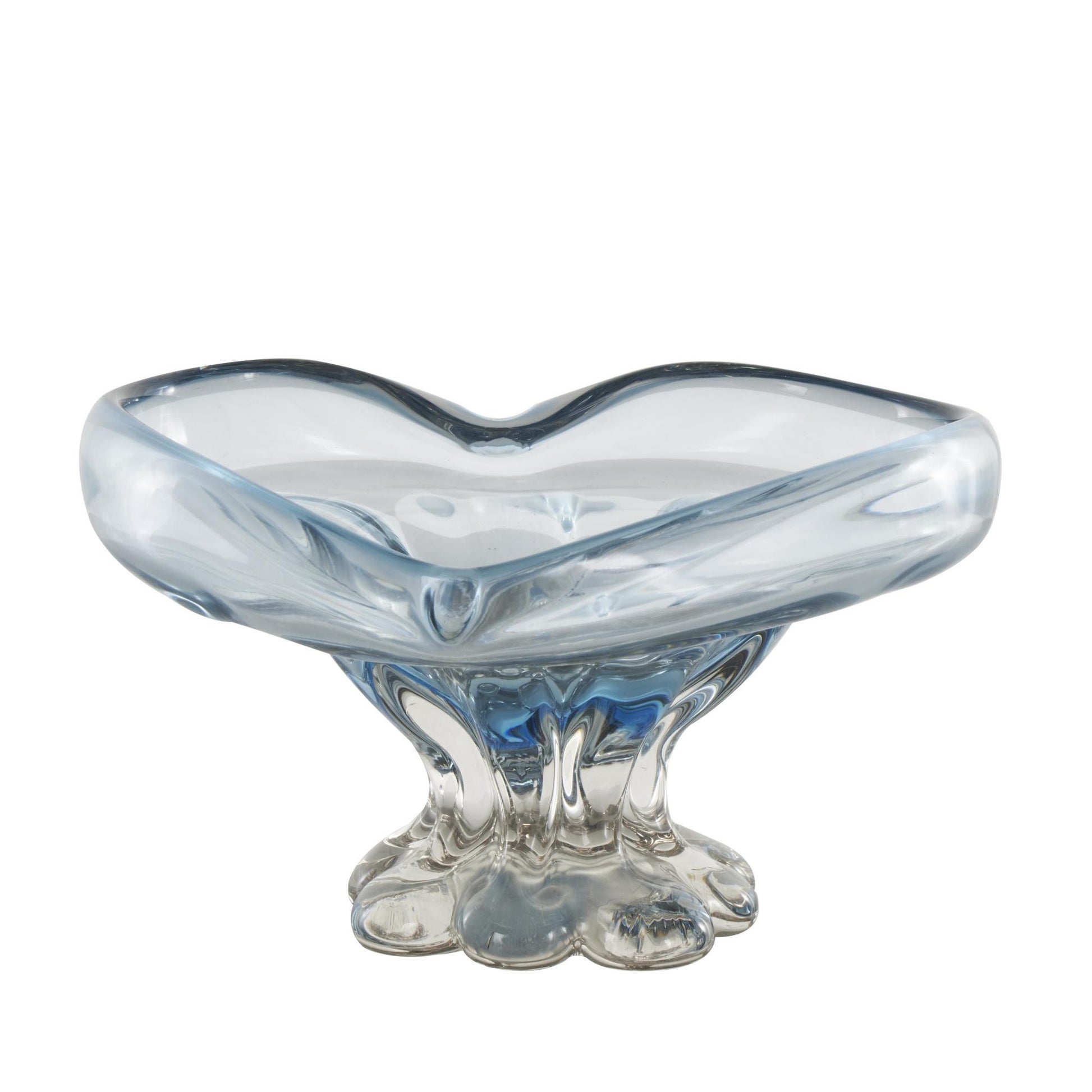 Heart Blue Glass Ombre Large Decorative Bowl with Folded Curve Opening and Scalloped Base