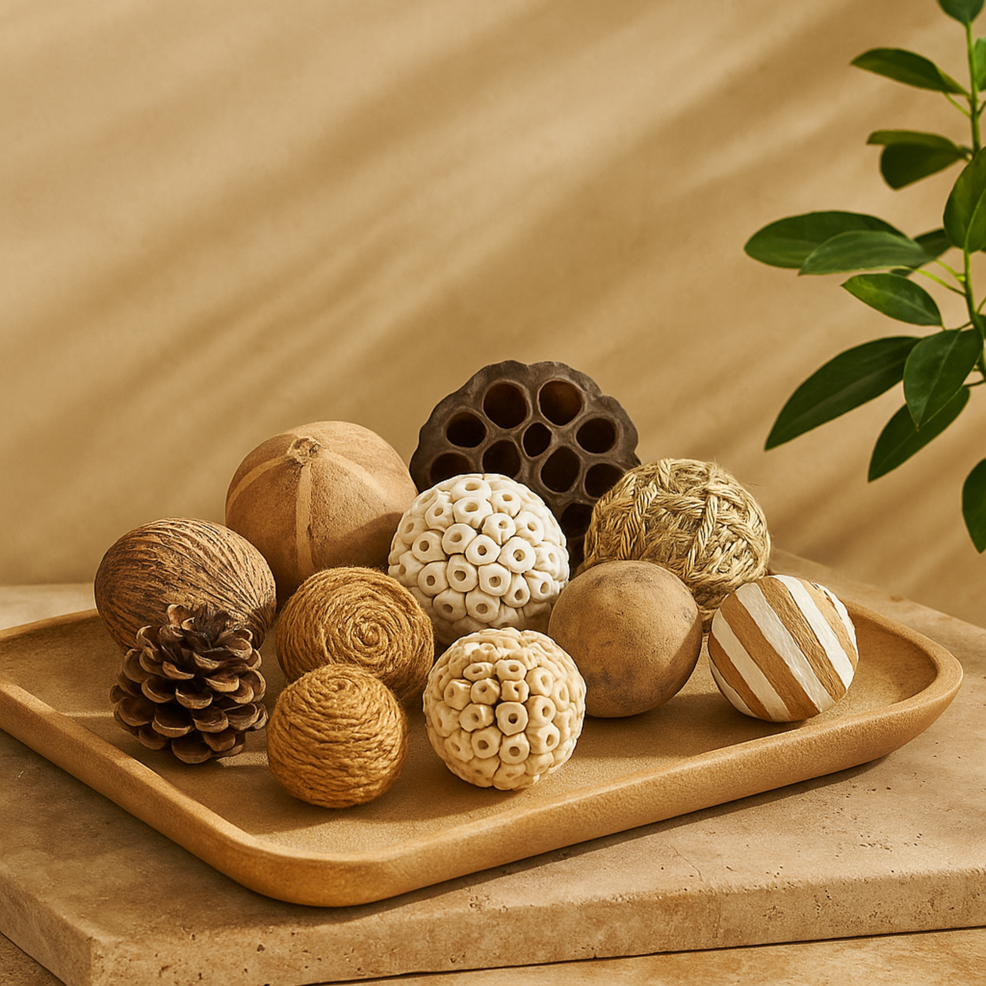 Set of 2 Brown Dried Plant Handmade Decorative Orbs & Vase Filler with Varying Designs