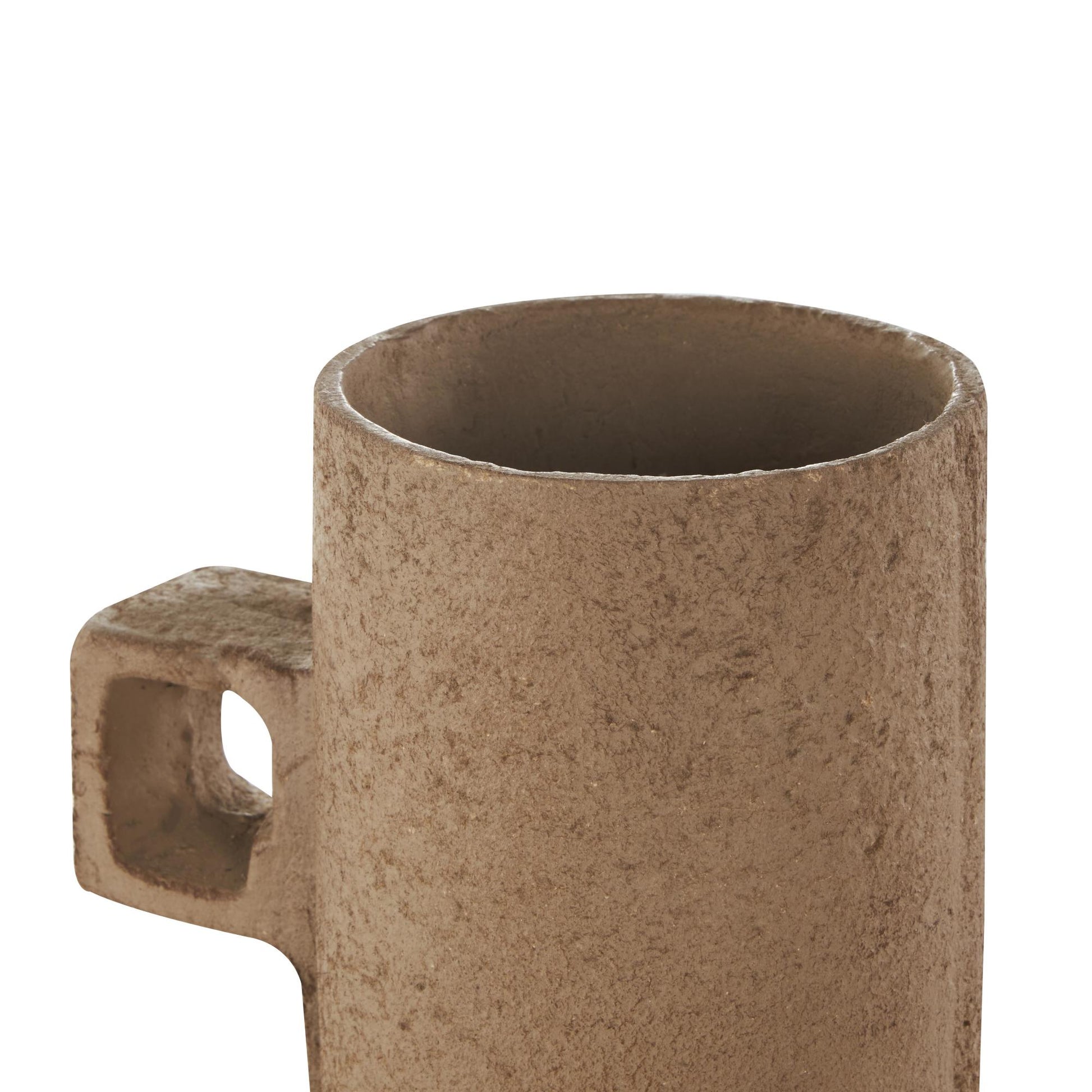 Abstract Brown Paper Mache Distressed Textured Decorative Vase with Triangular Handle