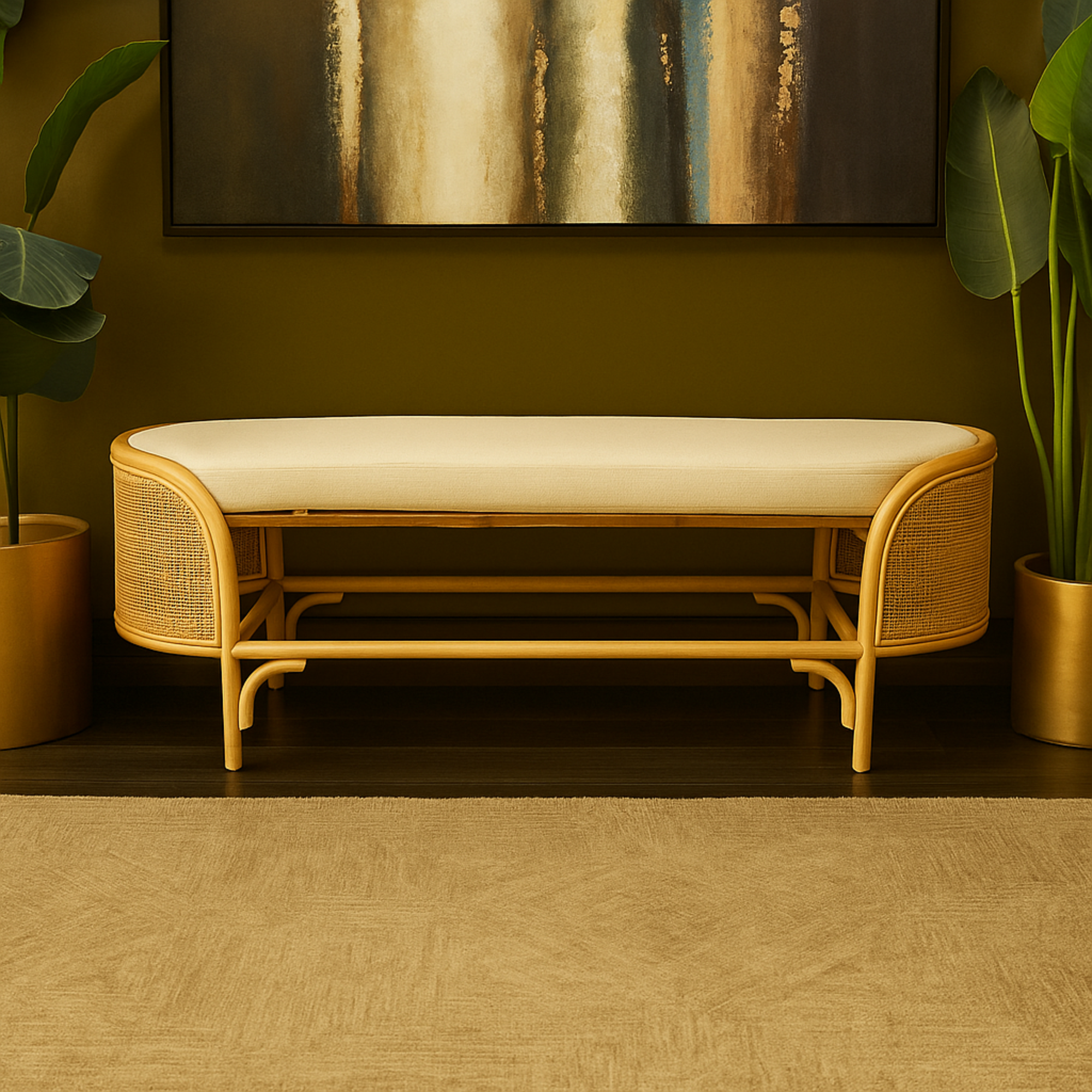 Brown Rattan Handmade Oval Home Bench with White Fabric Cushion