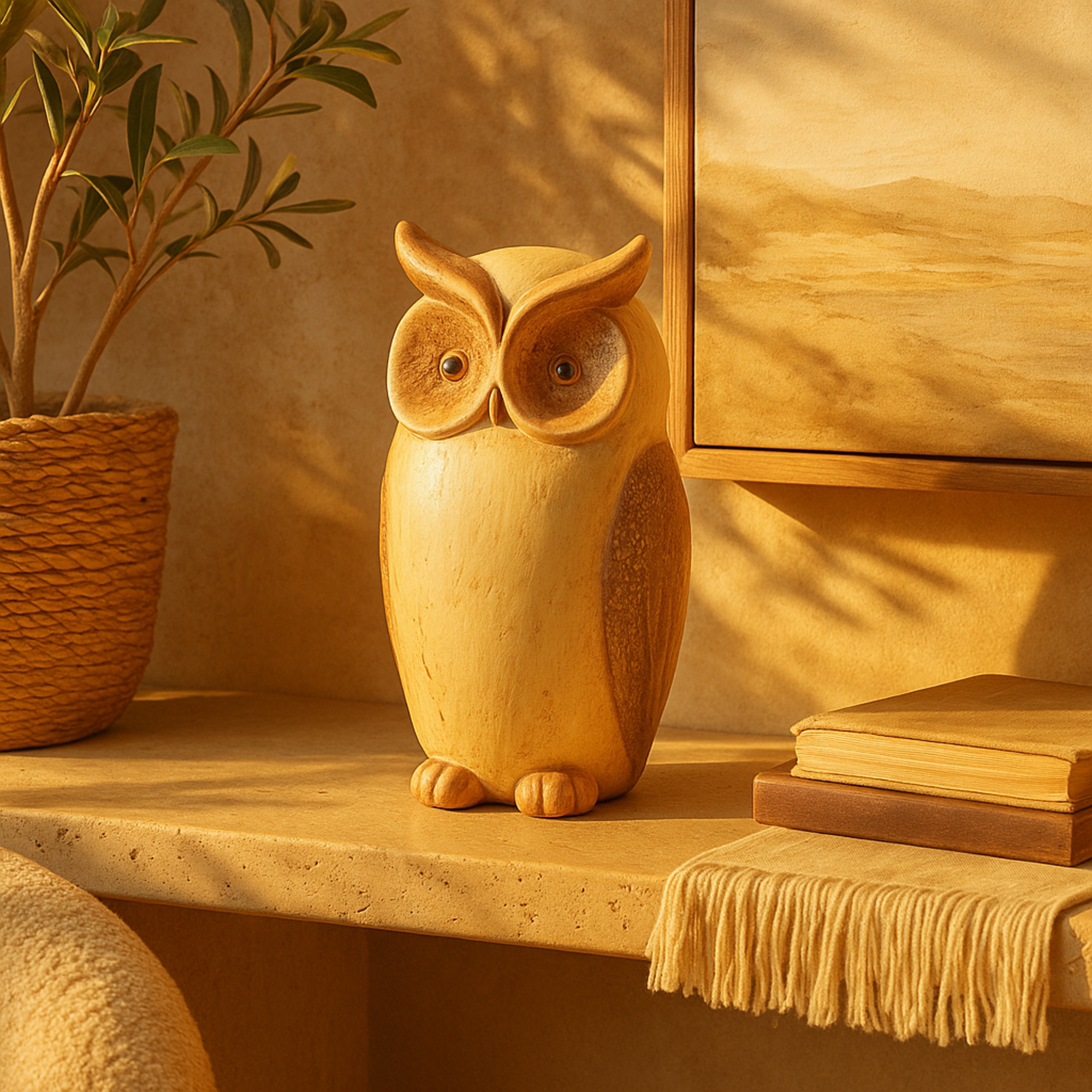 Owl Cream Magnesium Oxide Decorative Garden Sculpture with Brown Accents