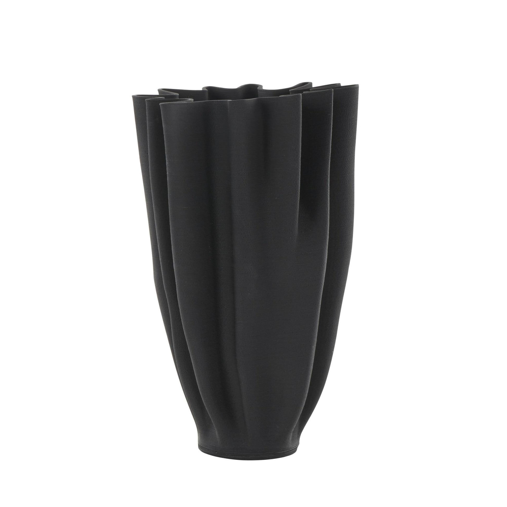 Abstract Black Ceramic Dimensional Ribbed Tulip Decorative Vase with Angular Rim