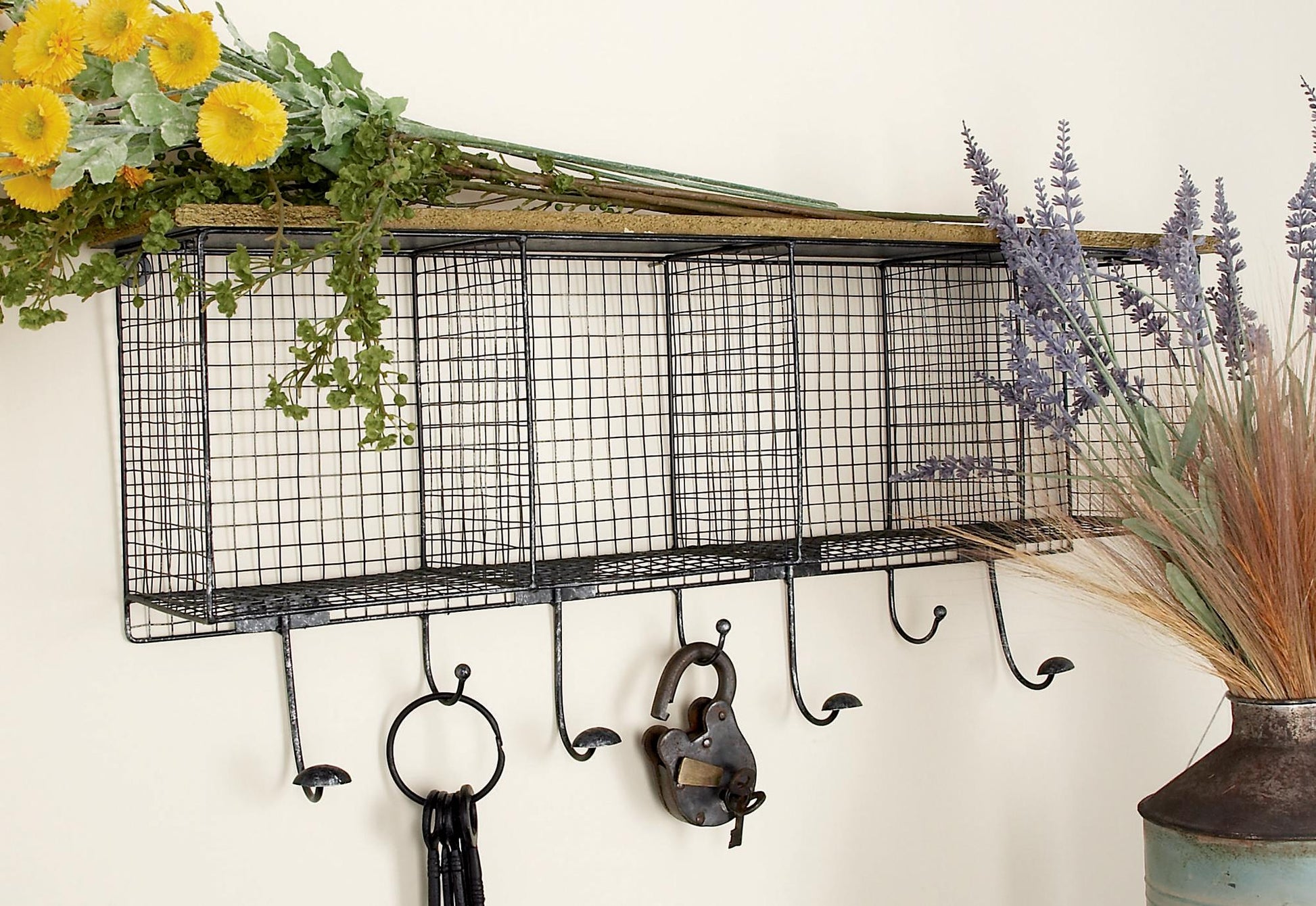 Black Metal Caged 4 Cubby and 7 Hanger Home Wall Hook with Wood Shelf