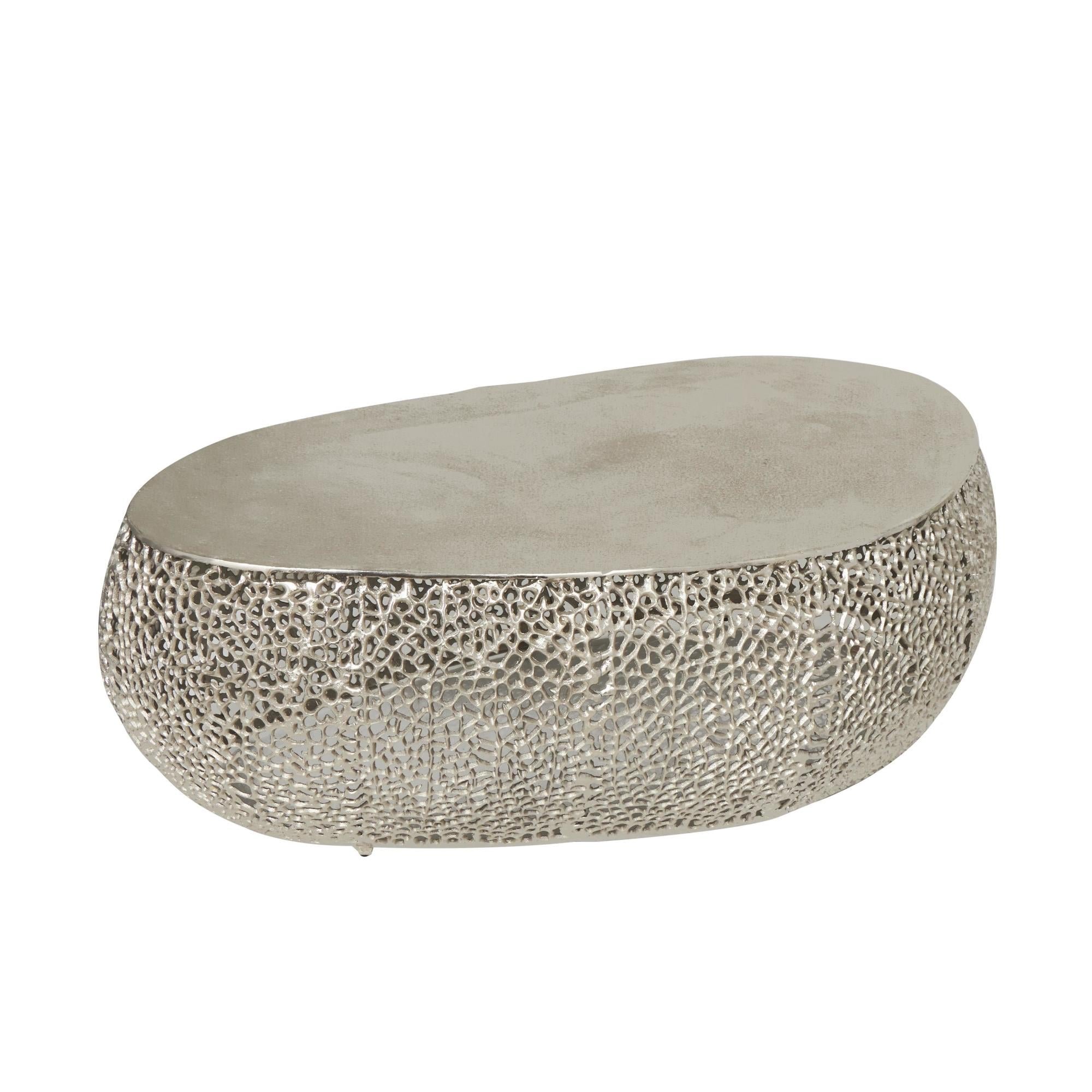 Abstract Silver Aluminum Metal Oval Shaped Living Room Coffee Table with Open Lattice Work