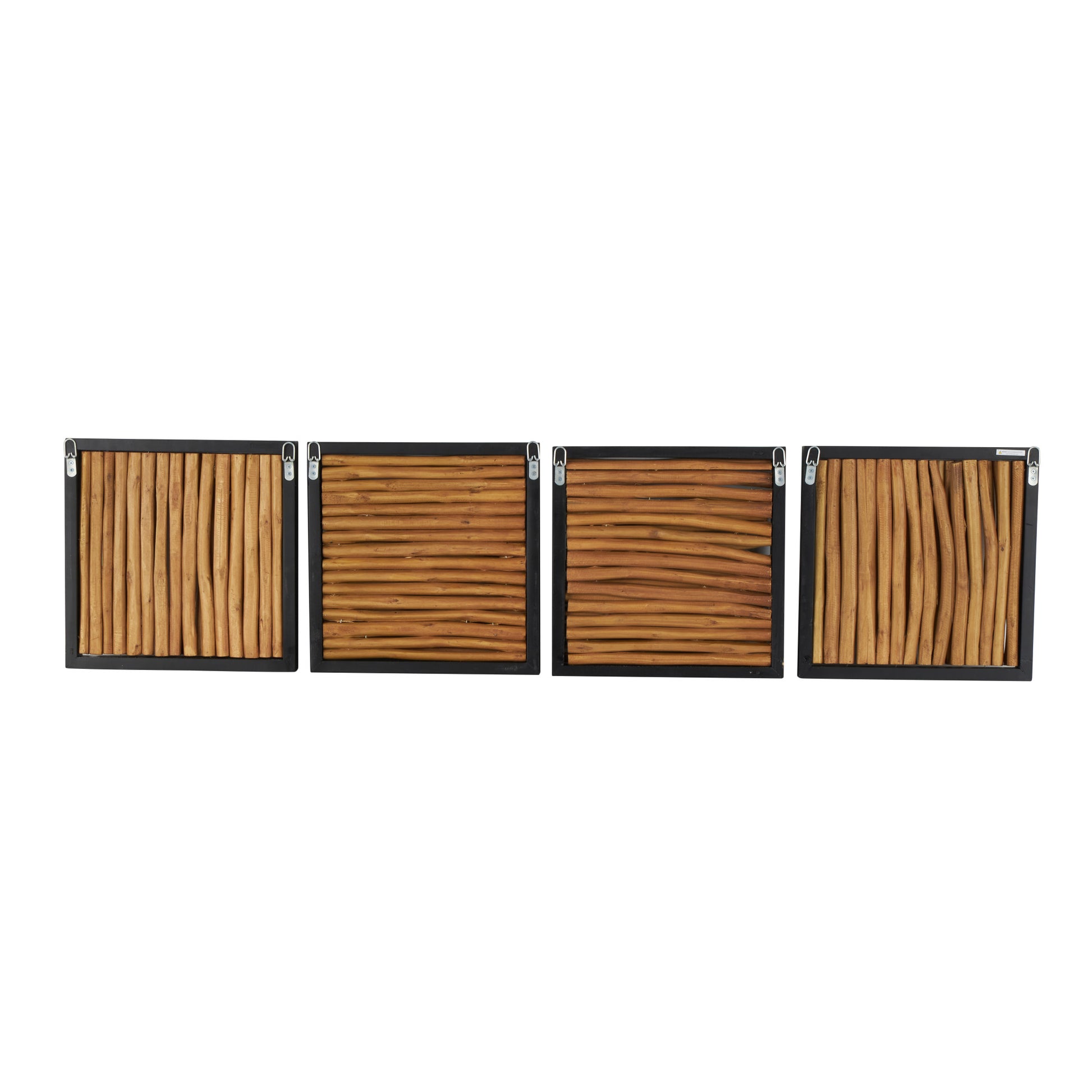 Set of 4 Abstract Brown Teak Wood Handmade Home Wall Decor with Horizontal Sticks and Black Frames