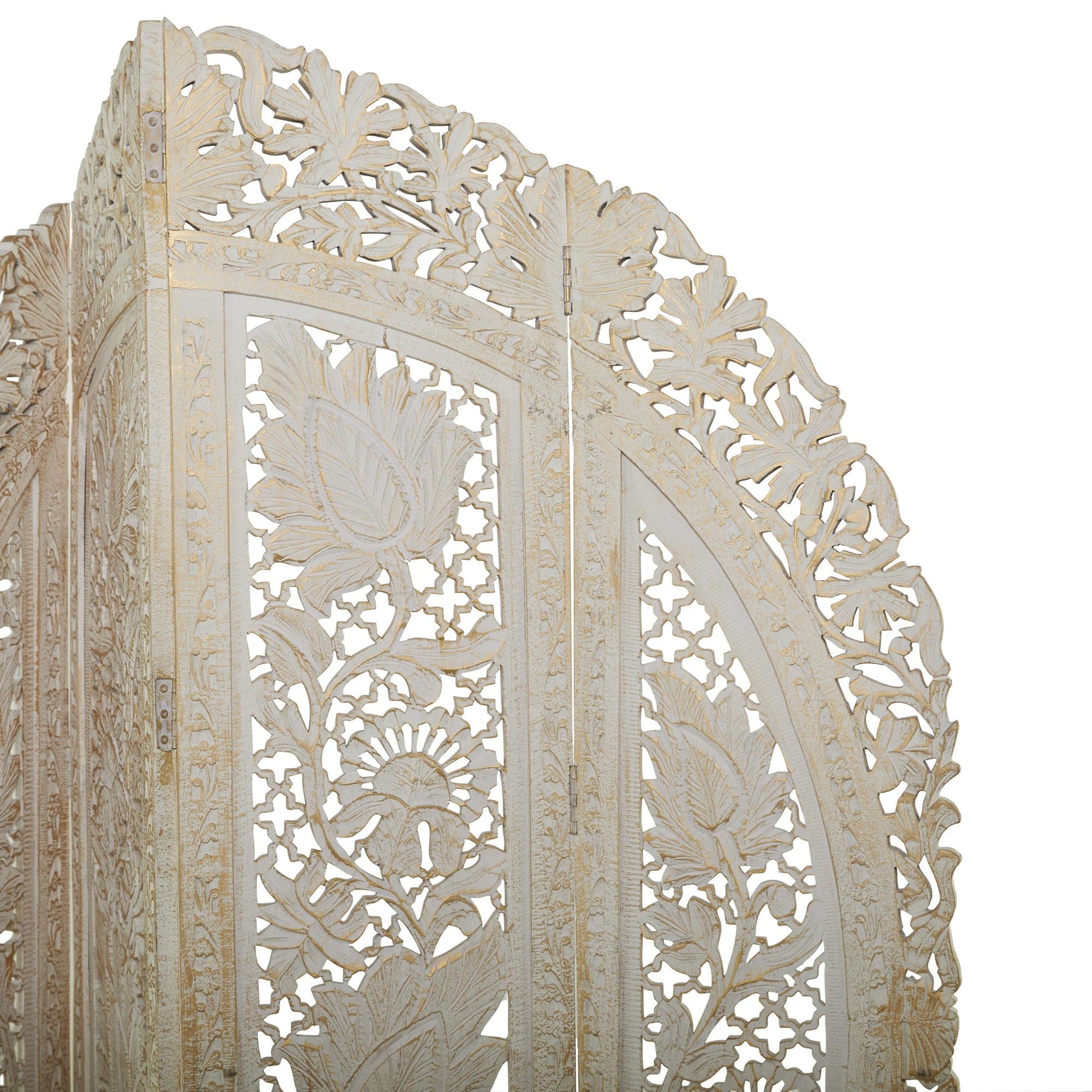 Floral White Wood Handmade Foldable Partition 4 Panel Partition Room Divider Screen with Carved Designs