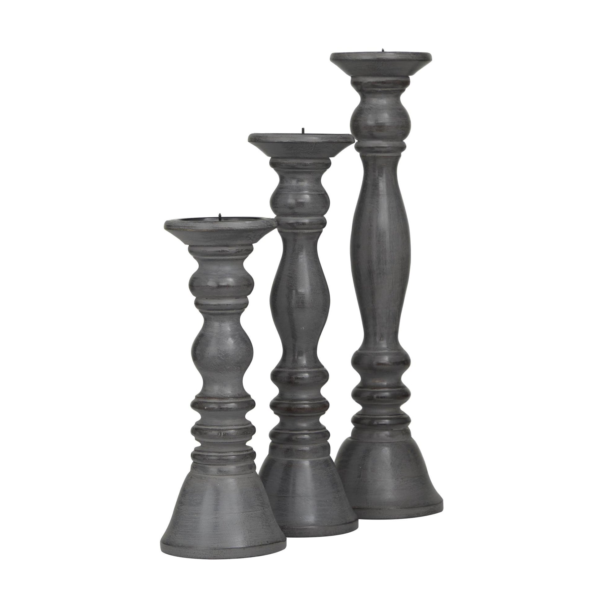 Set of 3 Wood Turned Style Pillar Decorative Candle Holder