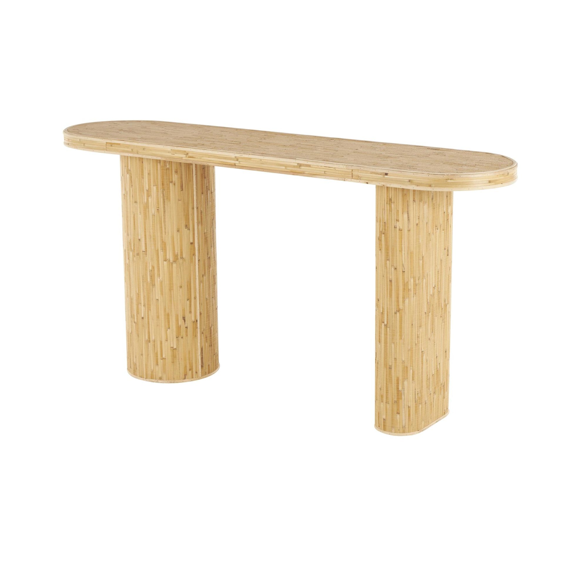 Brown Rattan Handmade Textured Oval Living Room Console Table with Linear Wood Strip Design