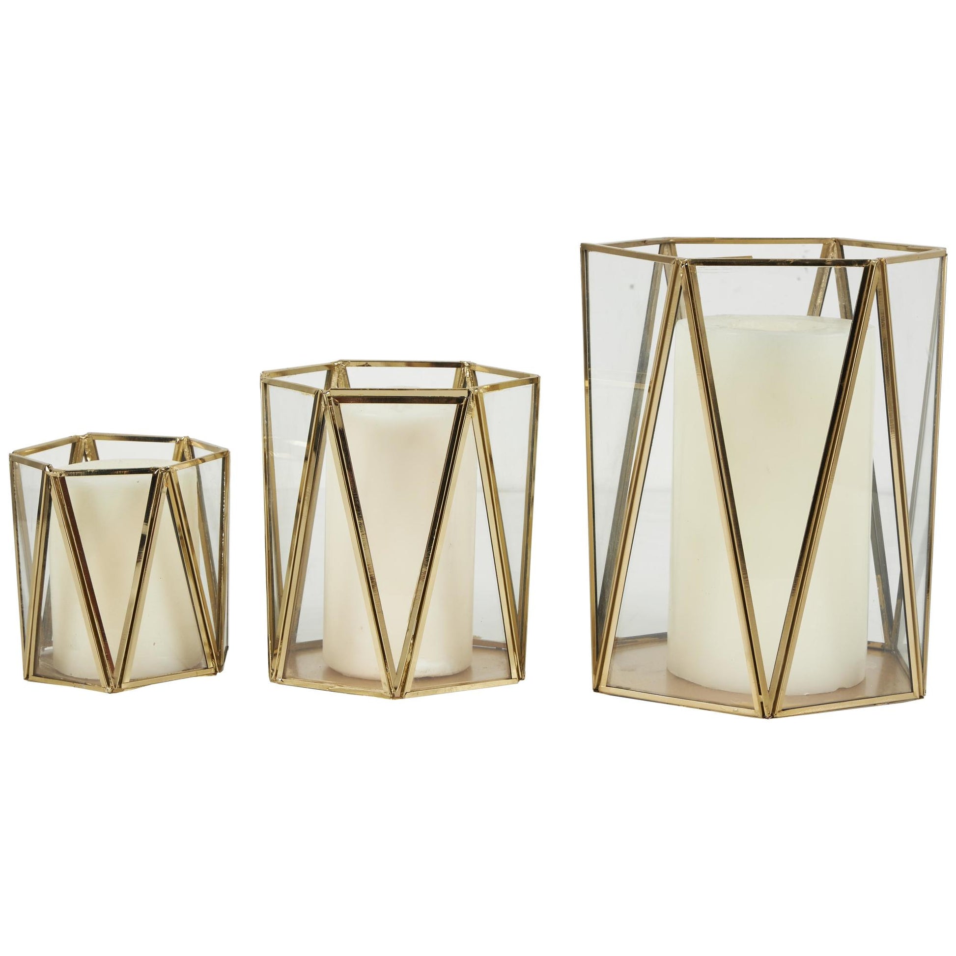 CosmoLiving by Cosmopolitan Set of 3 Geometric Gold Metal Triangle Patterned Hexagon Indoor Outdoor Candle Lantern with Clear Glass