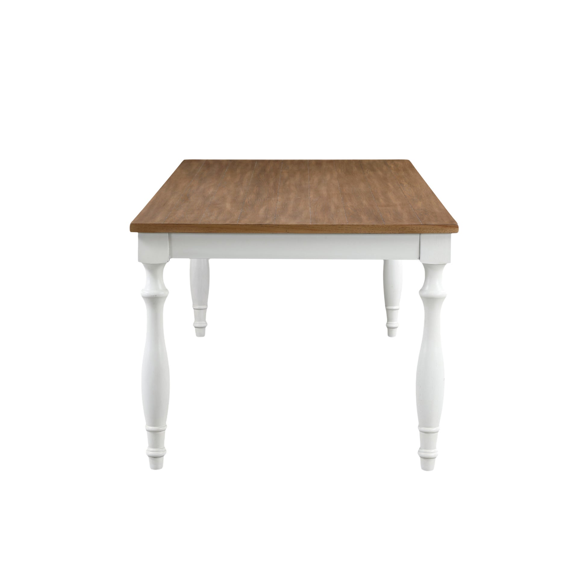 Brown Wood Slatted Kitchen Dining Table with White Turned Table Legs