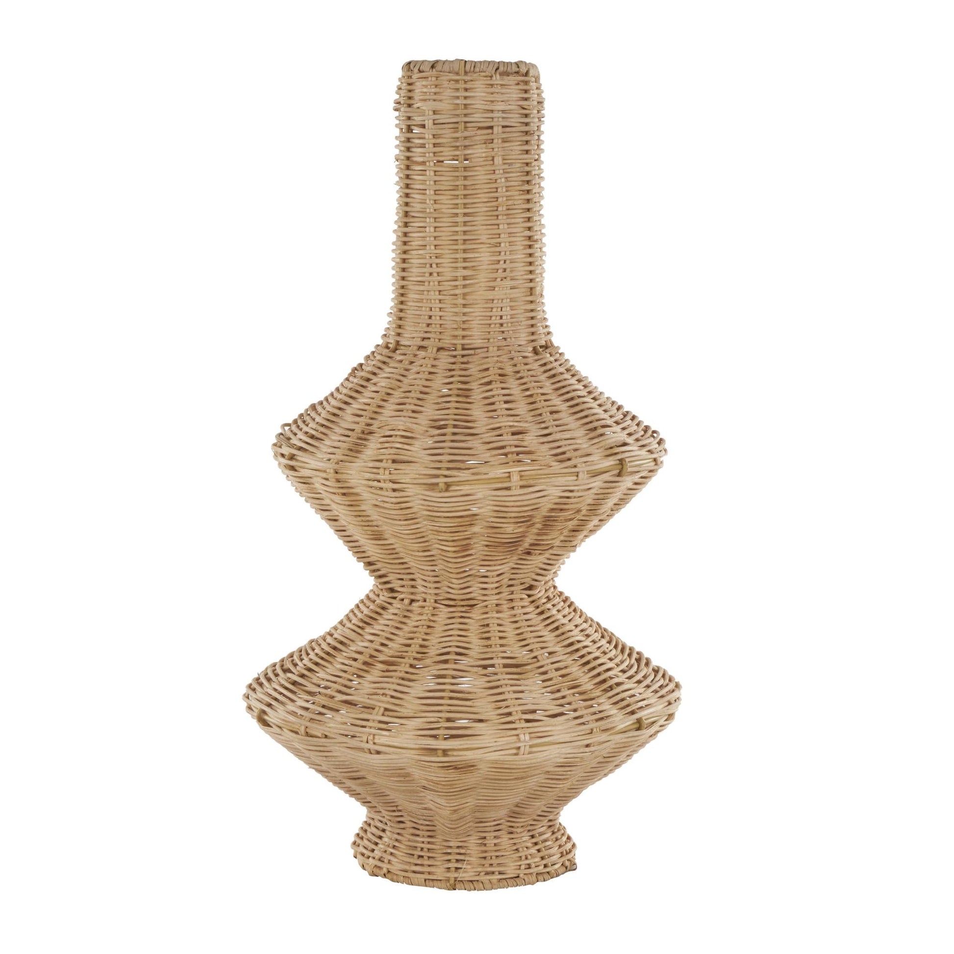 Brown Rattan Handmade Woven Fluted Hourglass Decorative Vase