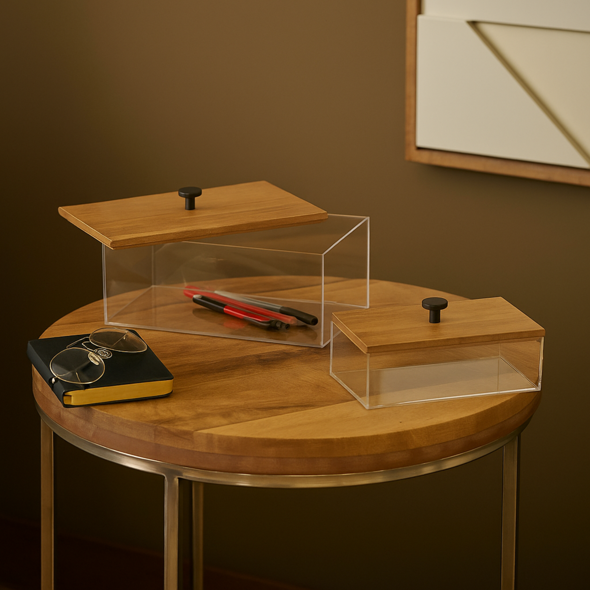 Set of 2 Clear Acrylic Plastic Decorative Box with Brown Wooden Lids and Black Knobs