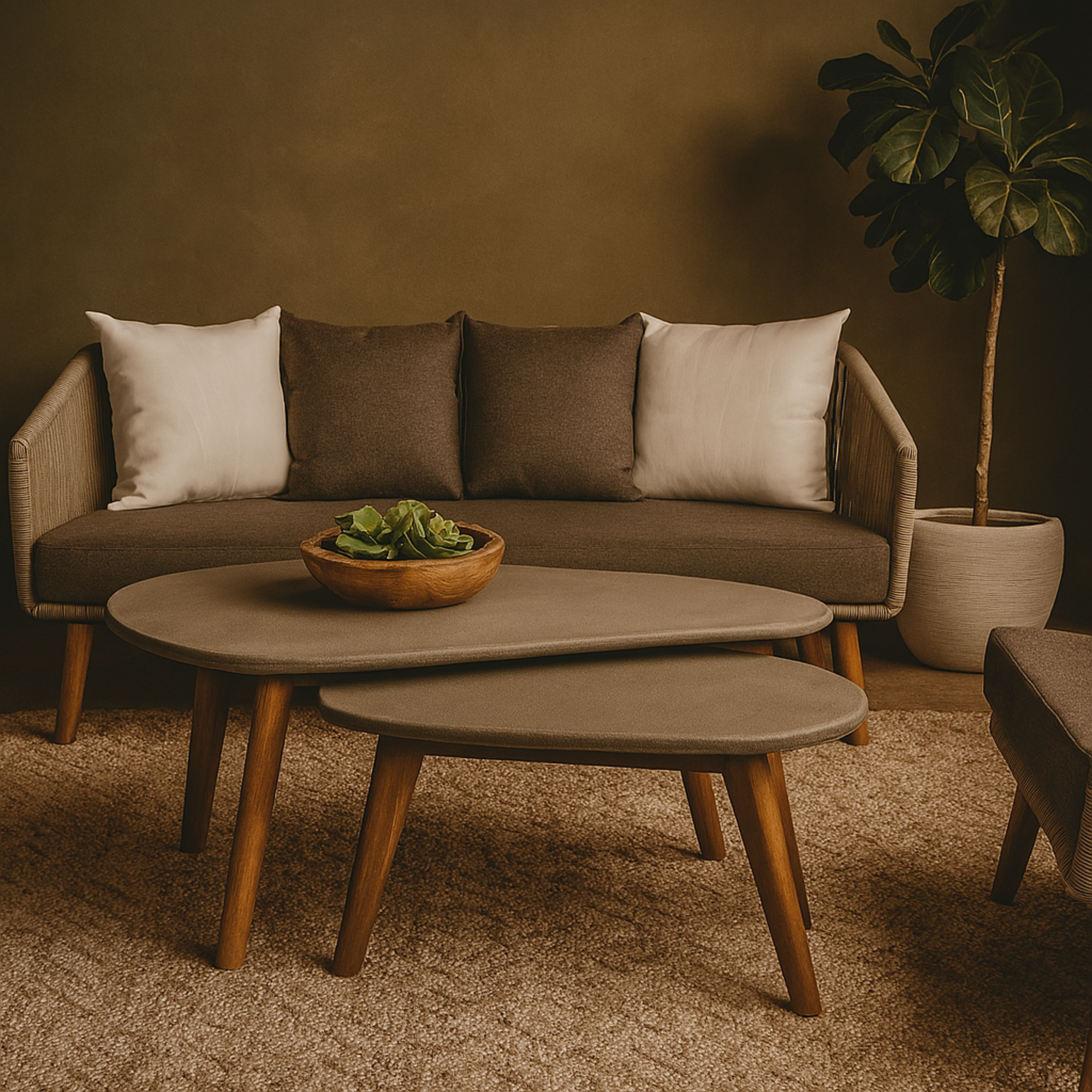 Gray Cement Stone Concrete Inspired Angled Oval End Table Outdoor Accent Table with Tapered Wood Legs