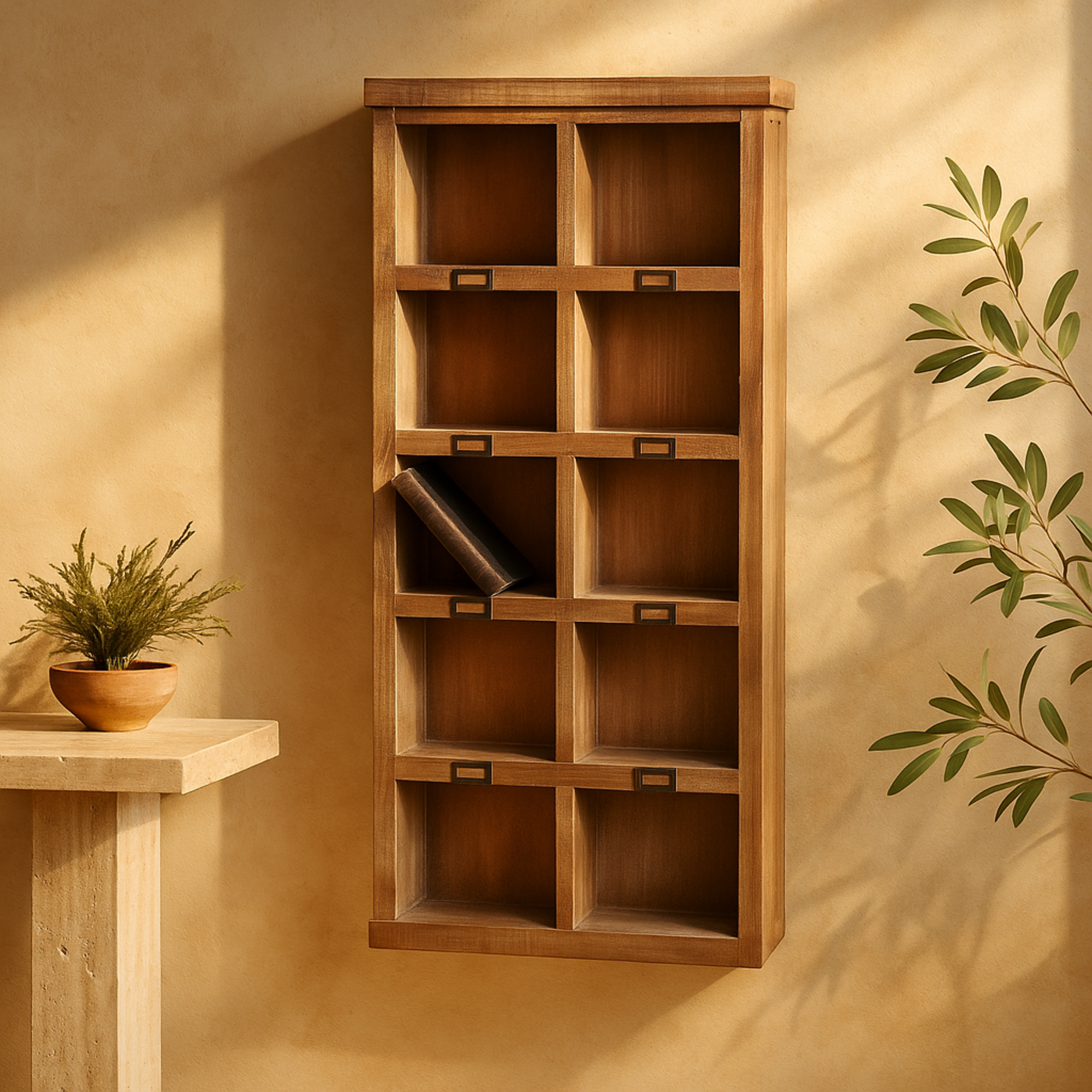 Brown Wood 10 Cubby Room Wall Shelf