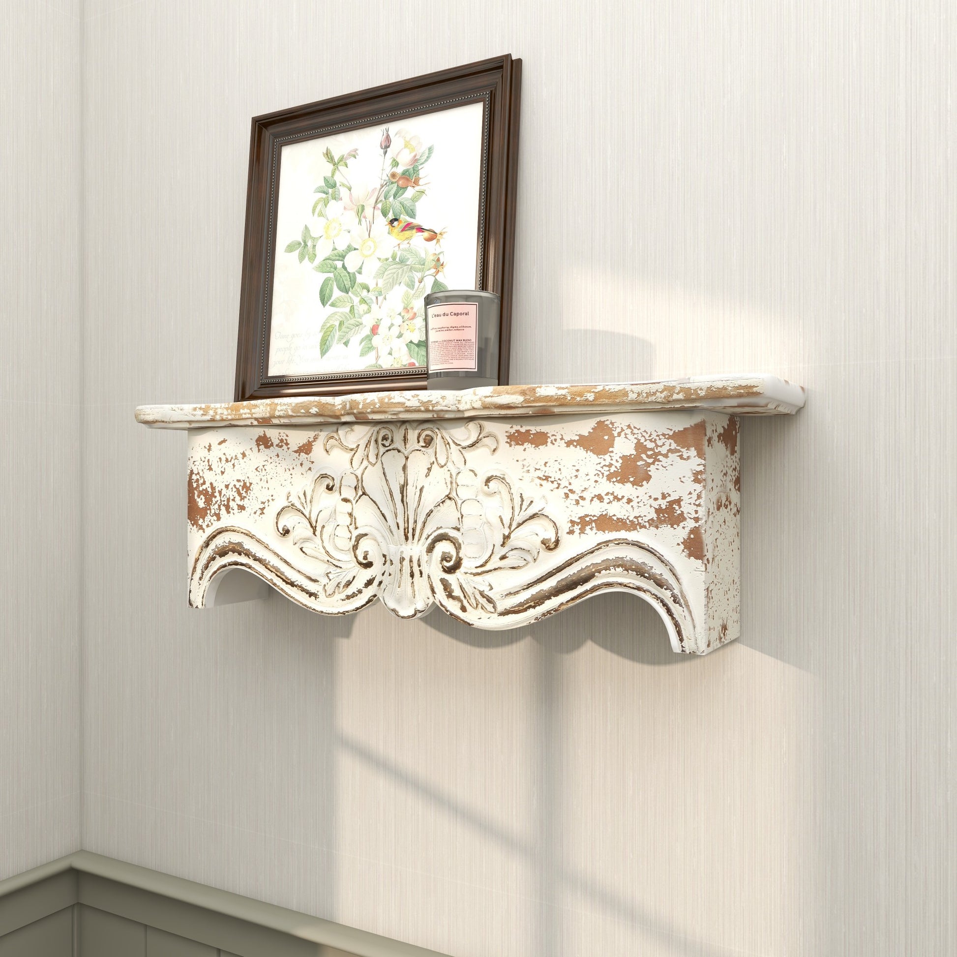 Scroll White Wood Distressed 1 Shelf Room Wall Shelf